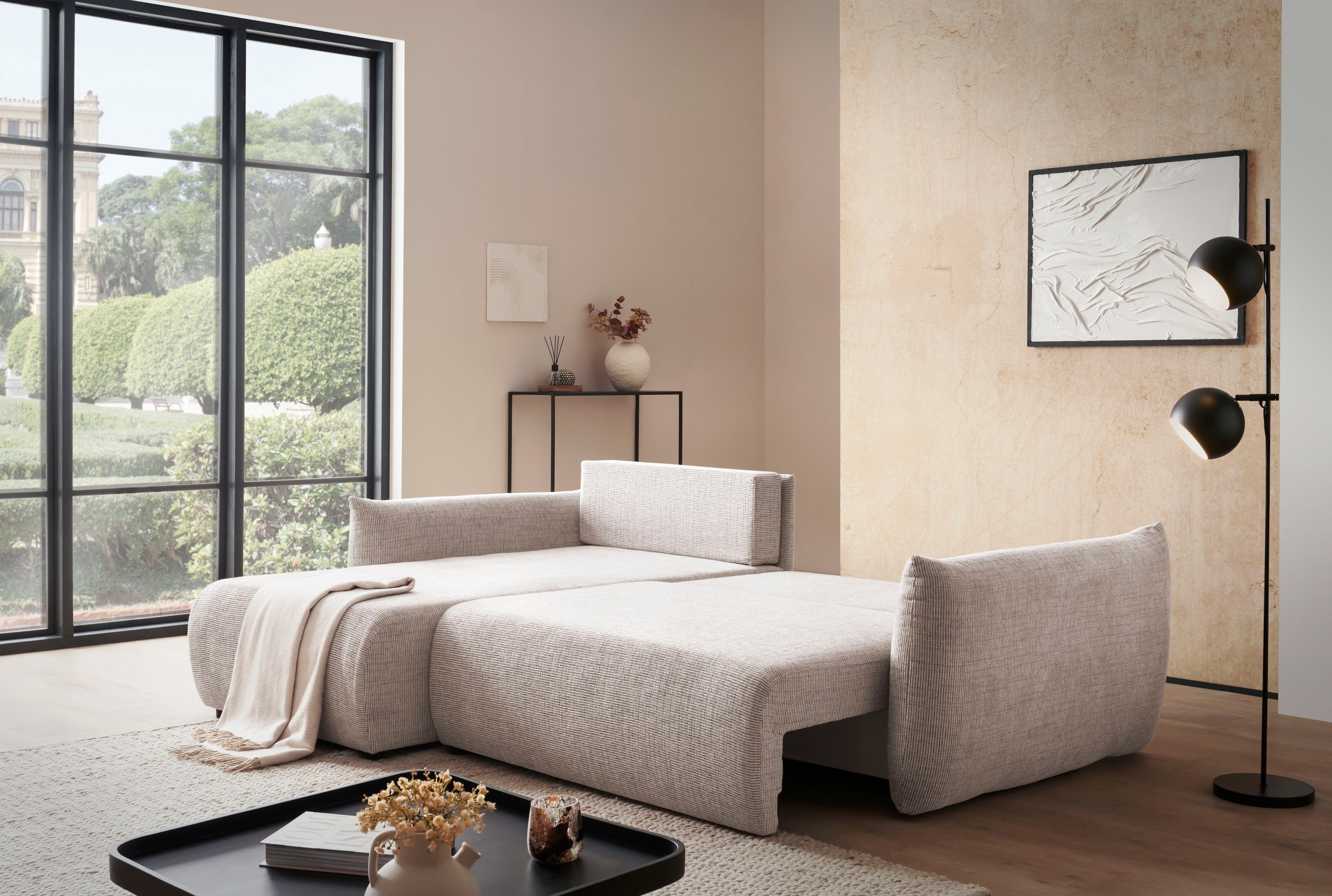INOSIGN Hoekbank MAVAS bedbank met bedkist, L-model, ca. 257/127 cm (ligoppervlak 212/145 cm), ribfluweel, chenille, structuur
