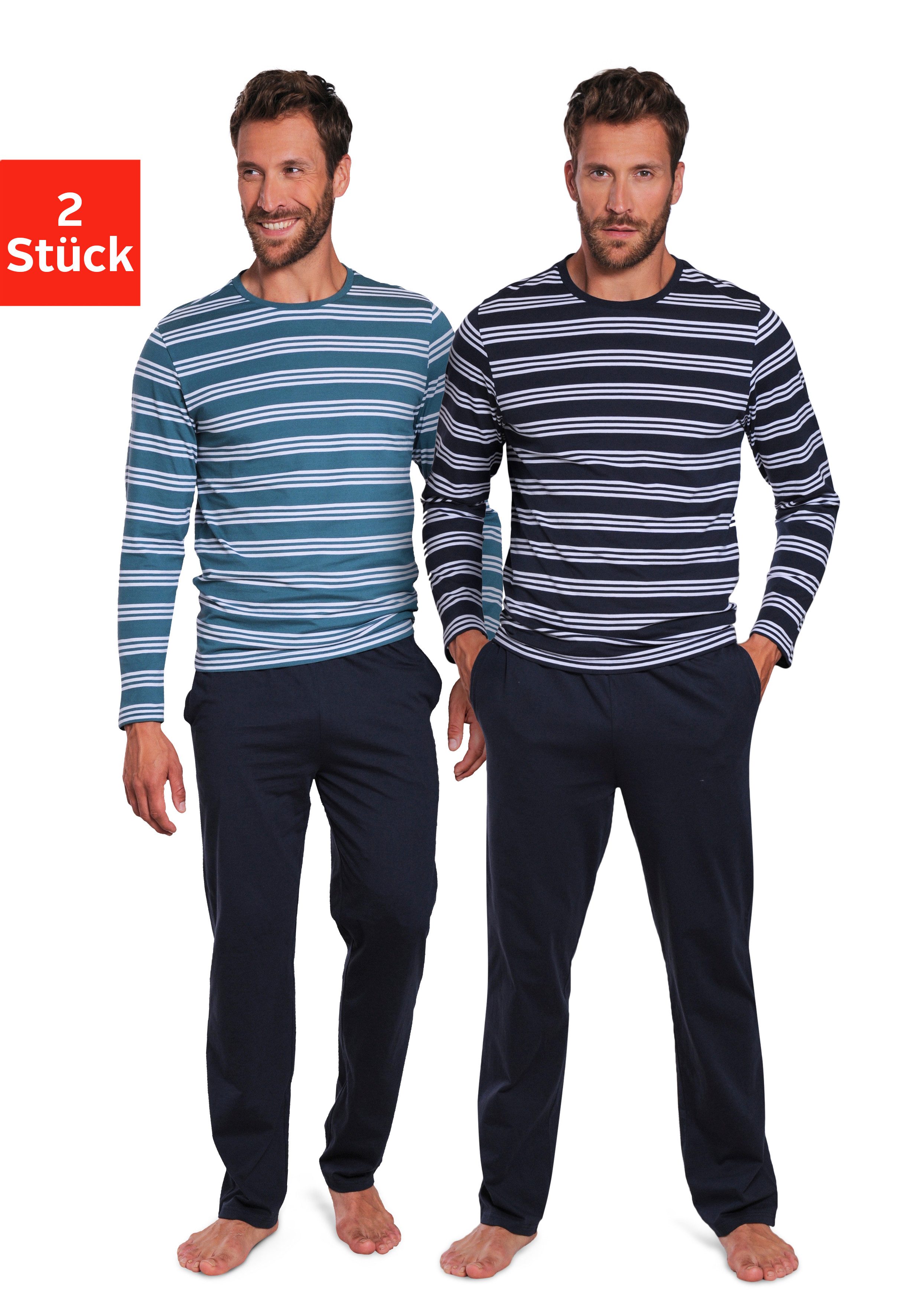 AUTHENTIC LE JOGGER Pyjama Pyjama met gestreepte bovenstukken (4-delig, Set van 2) heren lange pyjama's maat 52/54 blauw