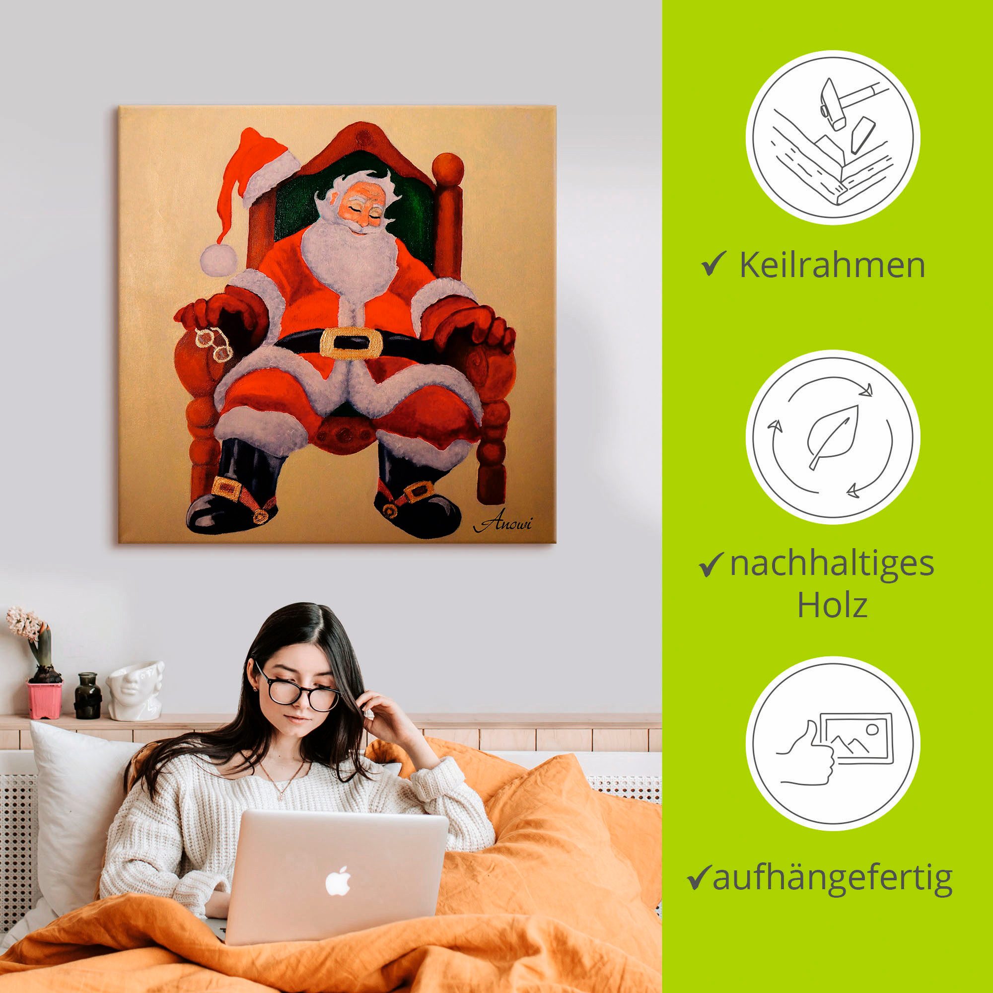 Artland Artprint op linnen Slapende kerstman gespannen op een spieraam