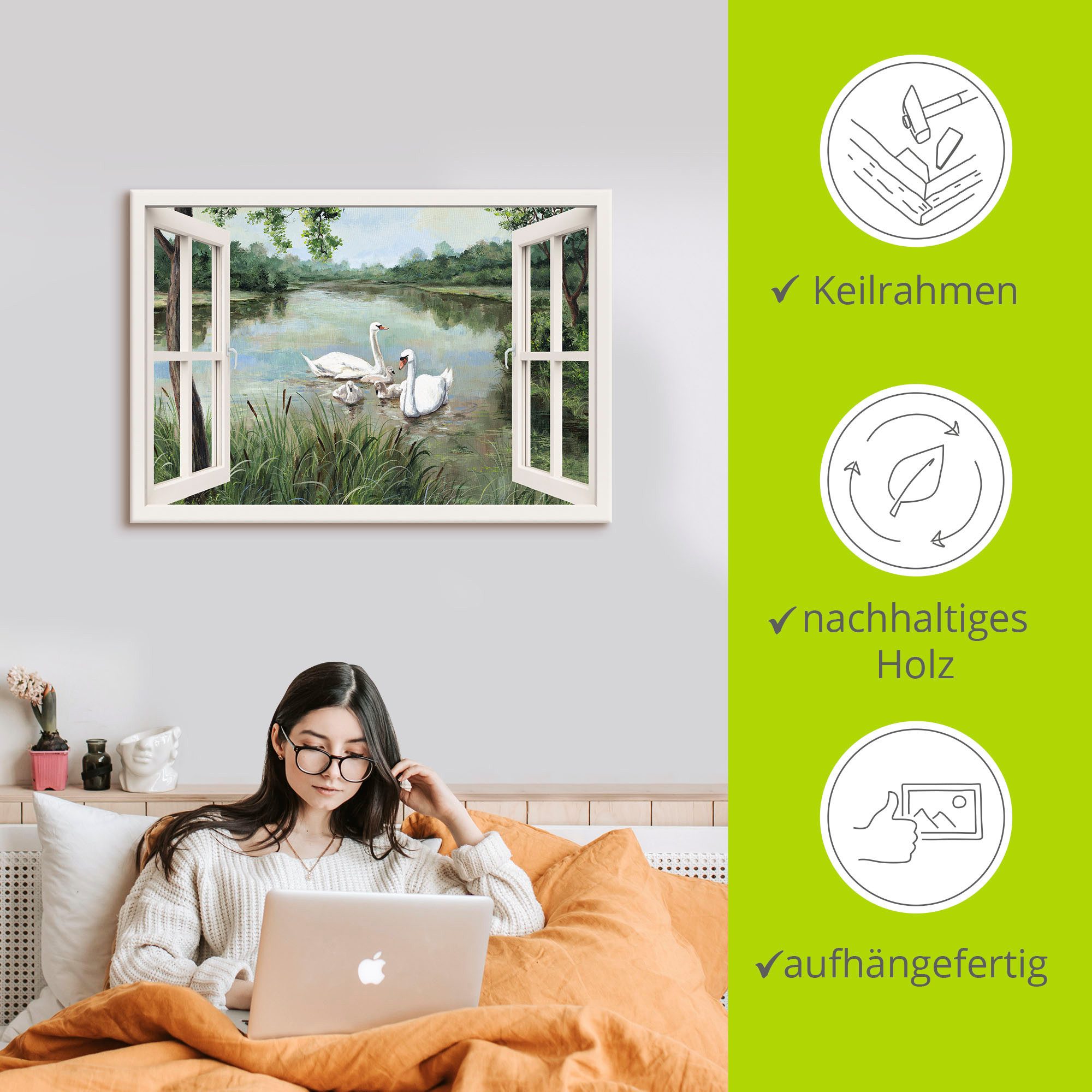 Artland Artprint op linnen Blik uit het venster - zwanen als artprint van aluminium, artprint op linnen, muursticker, verschillende maten