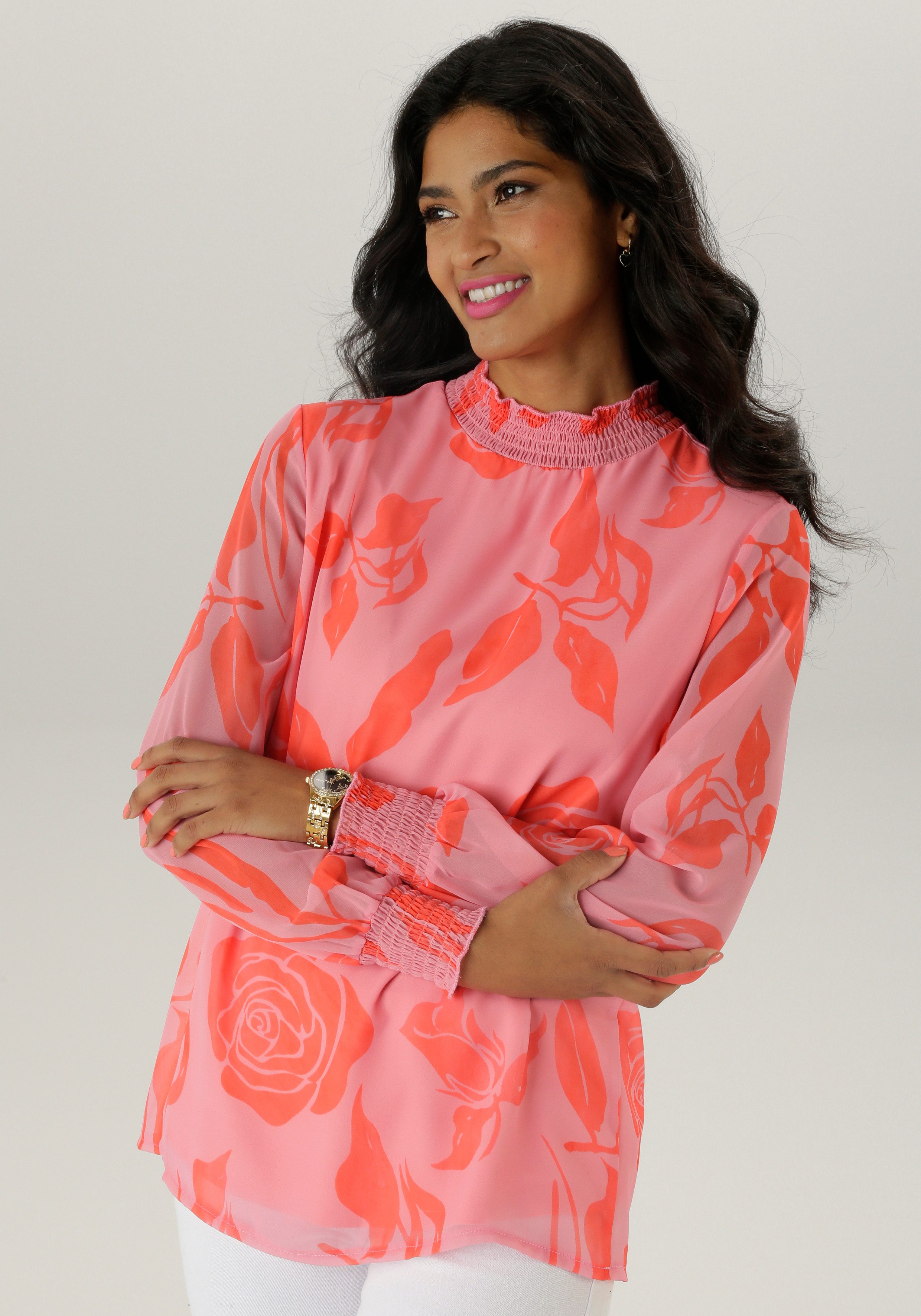 Aniston SELECTED Chiffon blouse met bloemen- en bladerenprint en smok-inzetten nieuwe kollectie