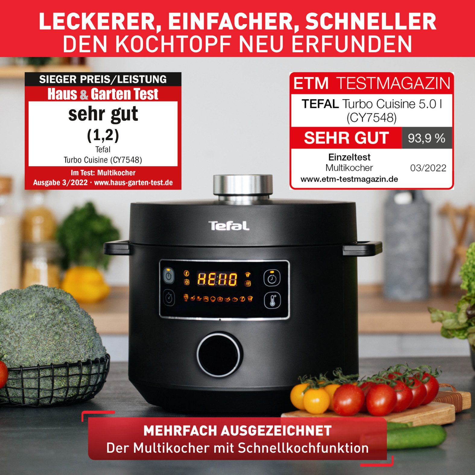 Tefal Multi-cooker CY7548 Turbo Cuisine elektrische snelkookpan, 10 automatische programma’s, veelzijdig