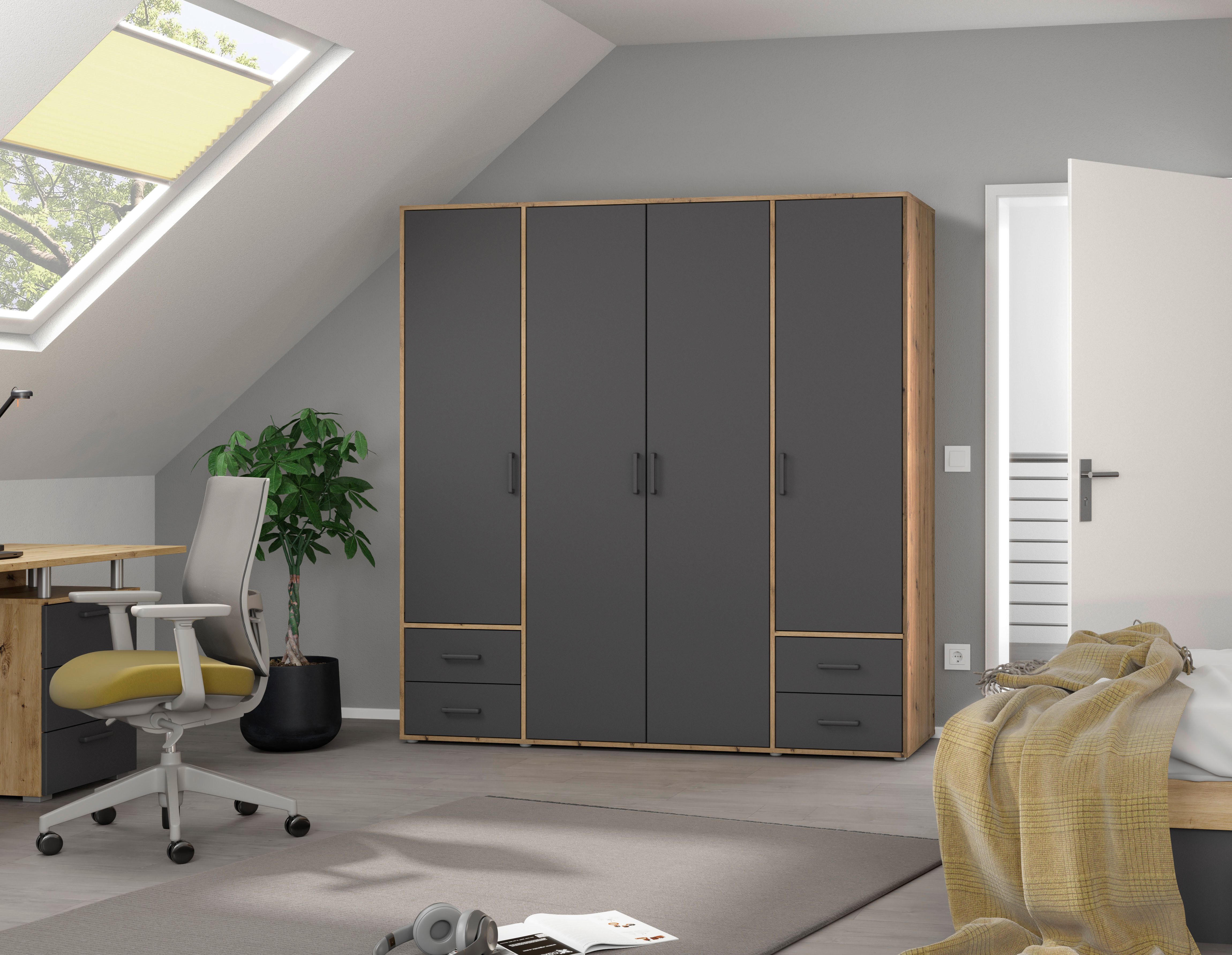 rauch Draaideurkast Kledingkast kast garderobe linnenkast VOYAGER moderne grepen in grijs metallic met buitenlades made in germany