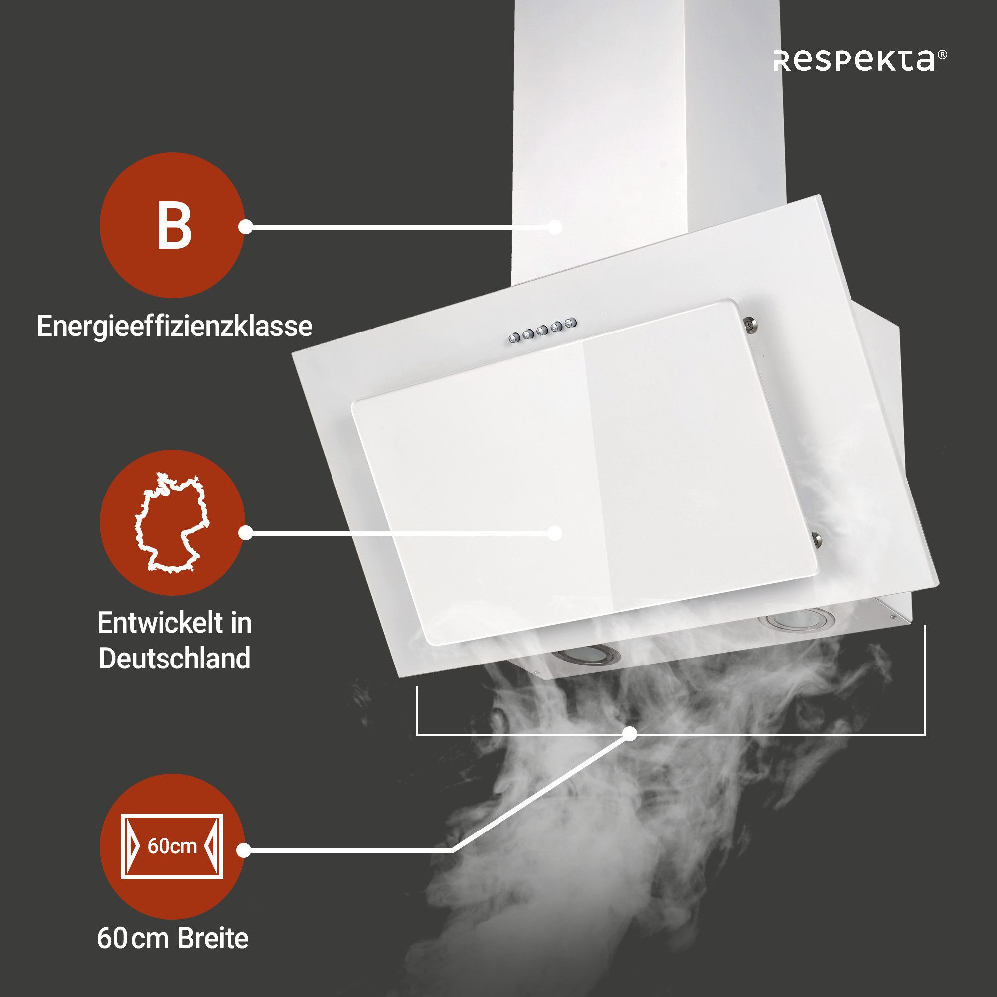 RESPEKTA Schuine wandkap CH 33060 60 cm, 3 vermogensniveaus, led-verlichting, geschikt voor afzuiging en recirculatie