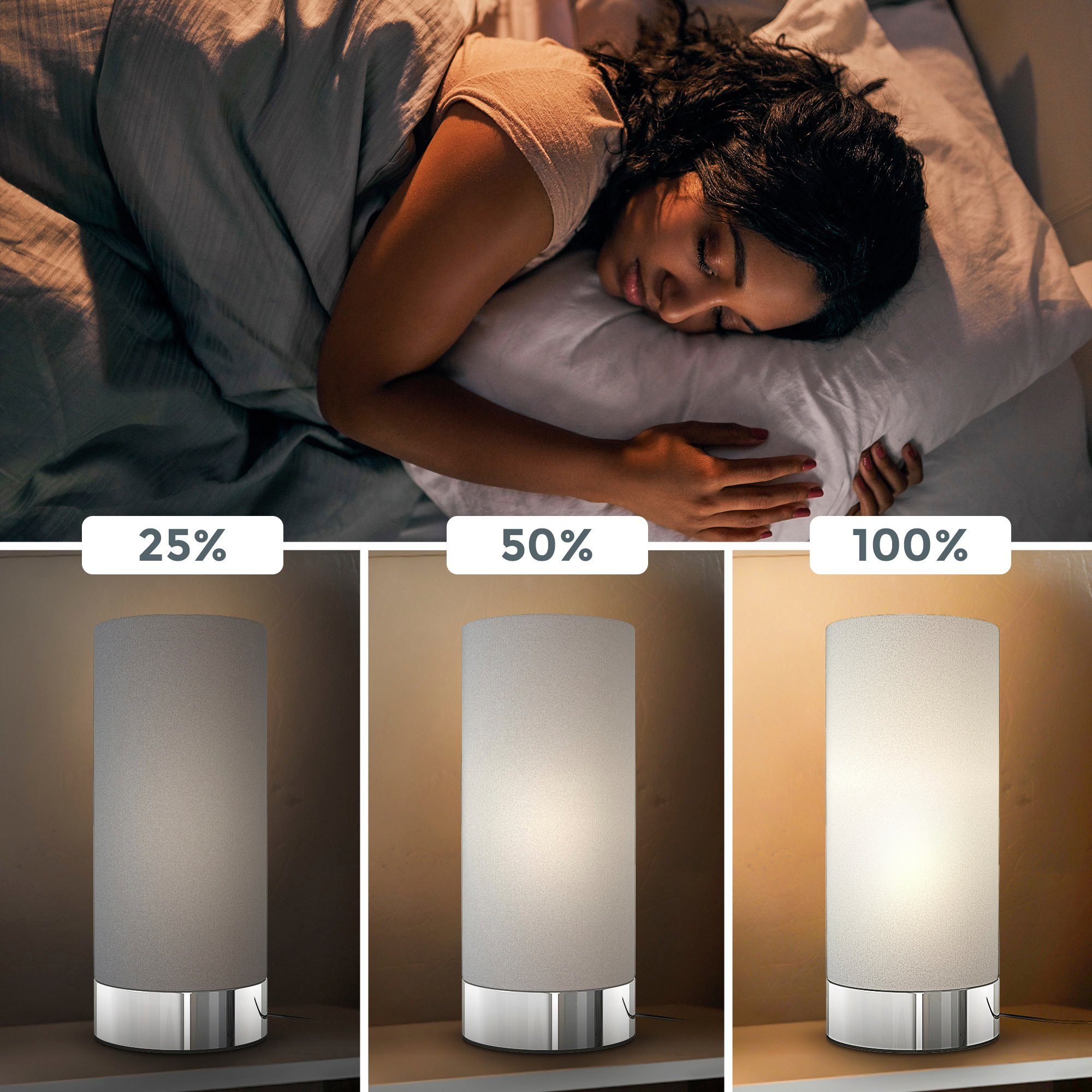 B.K.Licht Tafellamp BK_TL1437 Stoffen tafellamp, grijs, touch-functie, 3-voudig dimbaar, E14 (1 stuk)
