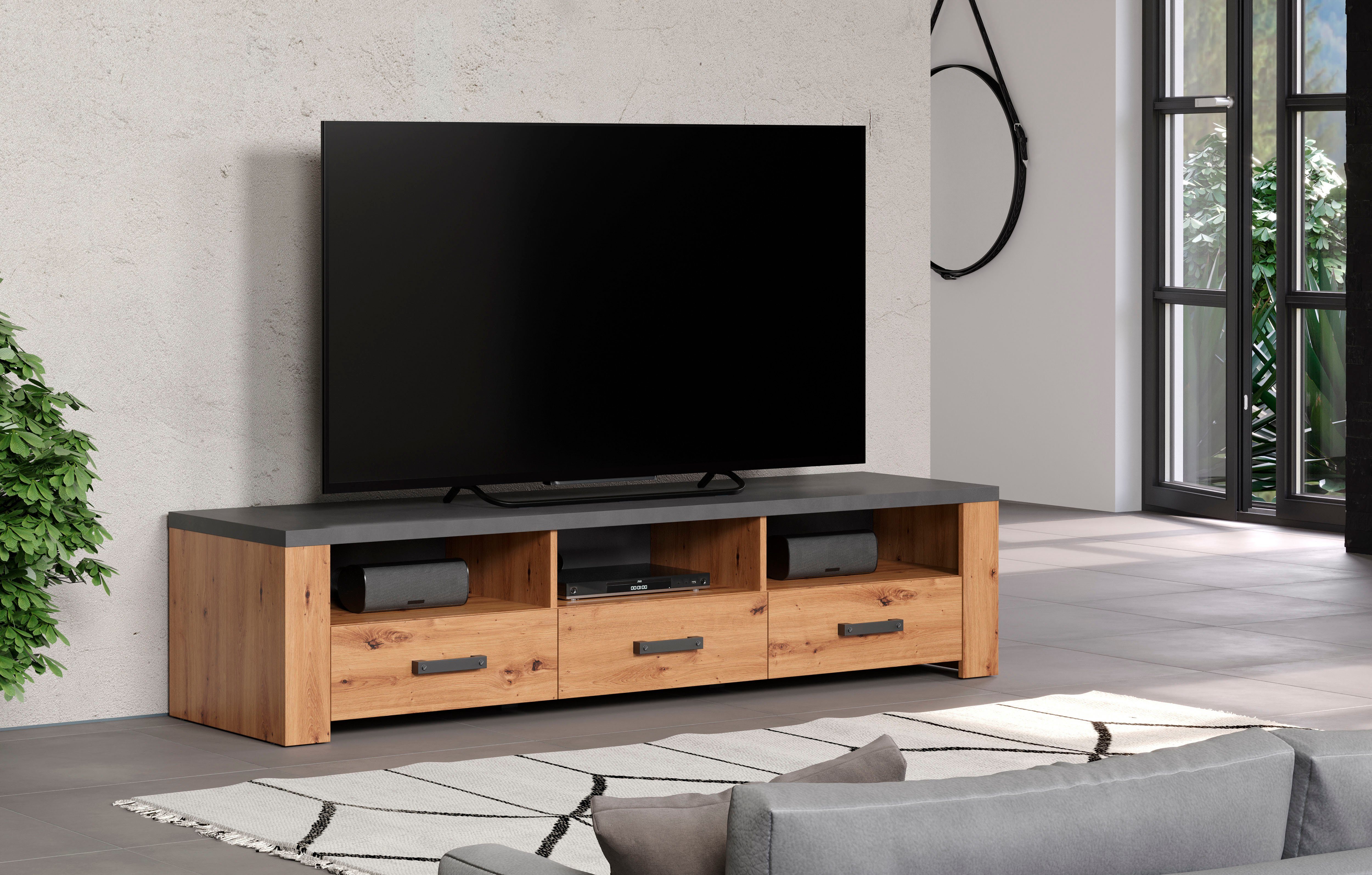 Home affaire Tv-meubel Ambres TV-tafel in matte echt houtlook, met 3 open vakken, breedte 180 cm (1 stuk)