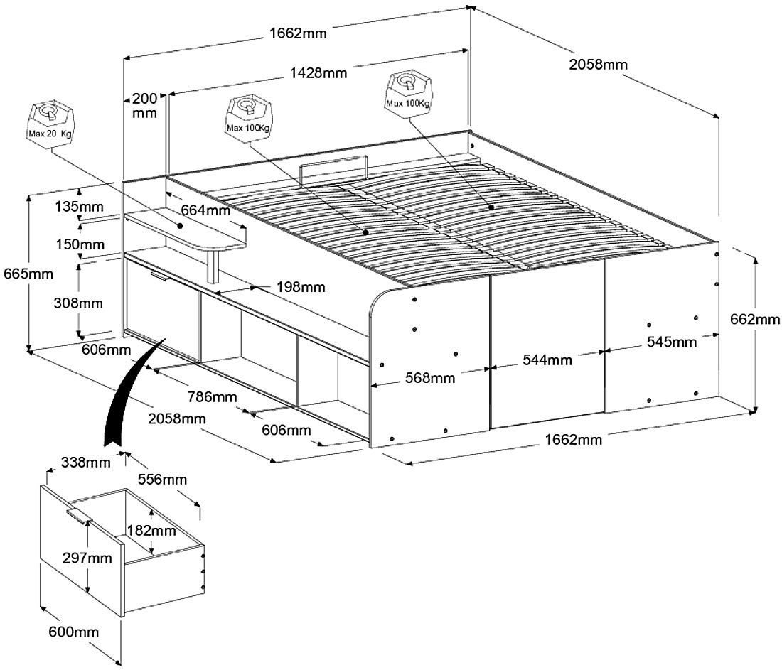 Parisot Ledikant met bergruimte Reis, maximale opbergruimte, zoals een inloopkast Opbergruimtes, hydraulische bedbox met planken, lade, deur