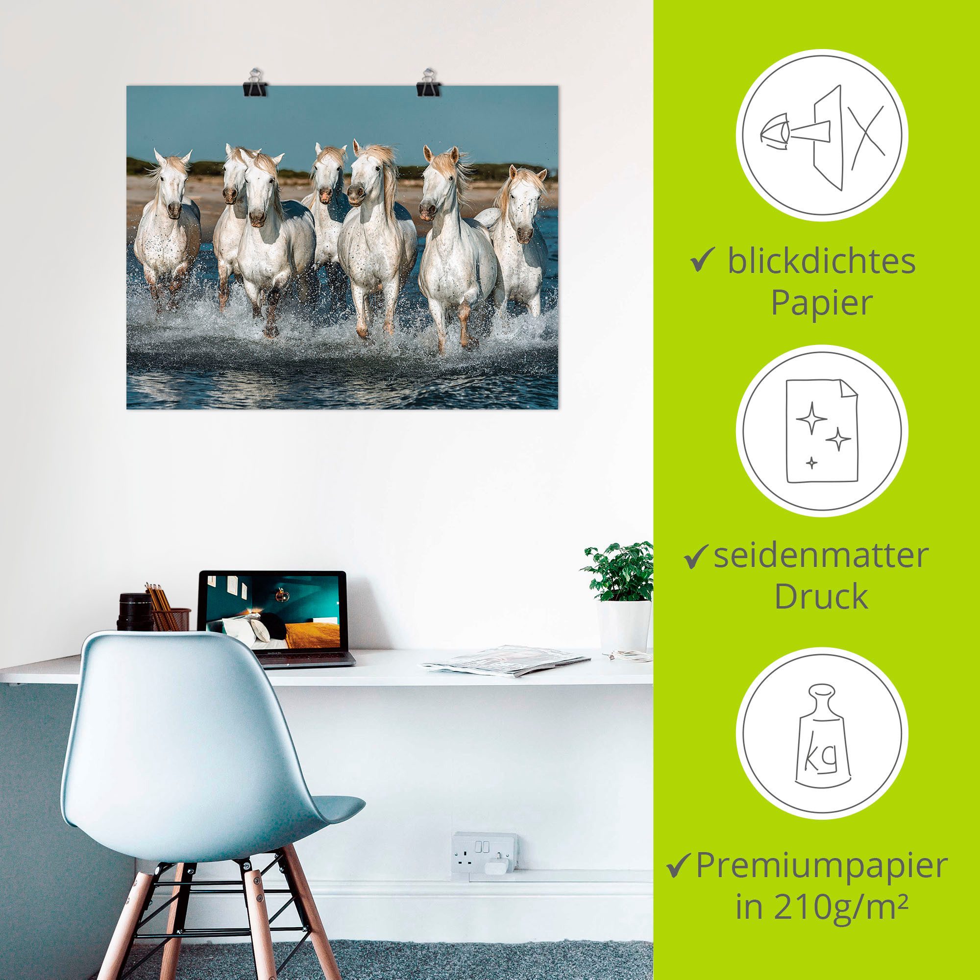 Artland Artprint Camargue paarden galopperen op het strand als artprint van aluminium, artprint voor buiten, artprint op linnen, poster, muursticker