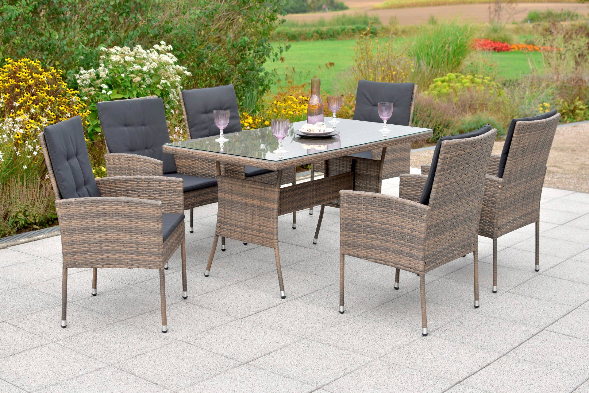 MERXX Tuin-eethoek MENORCA 6 stoelen, 6 zitkussens, 6 rugkussens, tafel (set, 19-delig) tuinsets