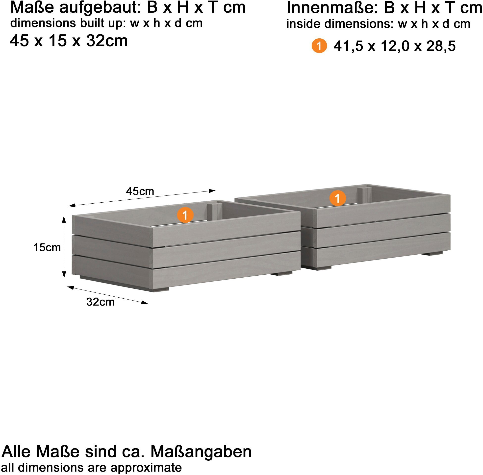 INTER-FURN Lade Arona houten kist set van 2 massief houten kratten, grenen, grijs was, bxhxd: 45 x 15 x 32 cm (2 stuks)