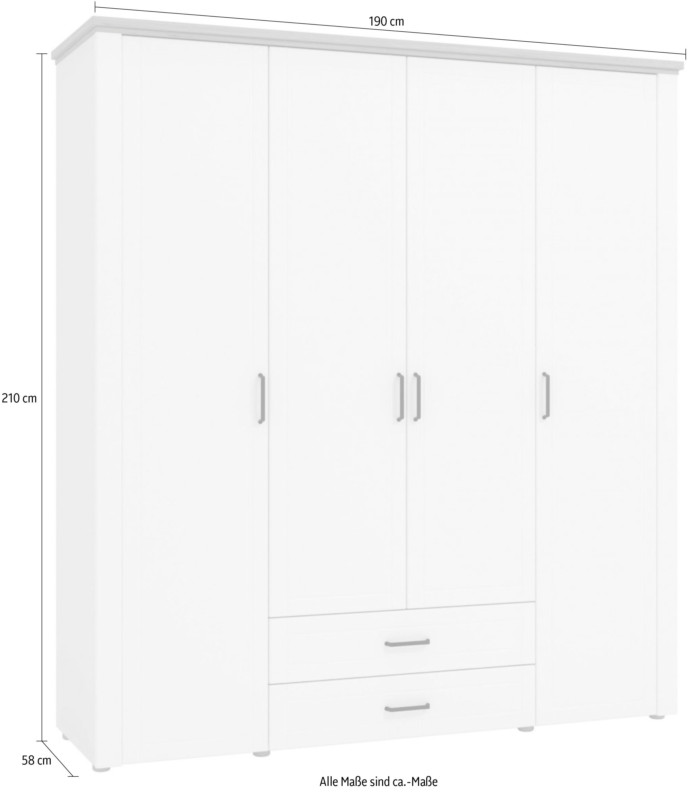 Home affaire Kledingkast Valencia, complete binneninrichting en 2 lades, 190 cm breed Slaapkamerkast met landhuis cassette-look en zwarte handgrepen