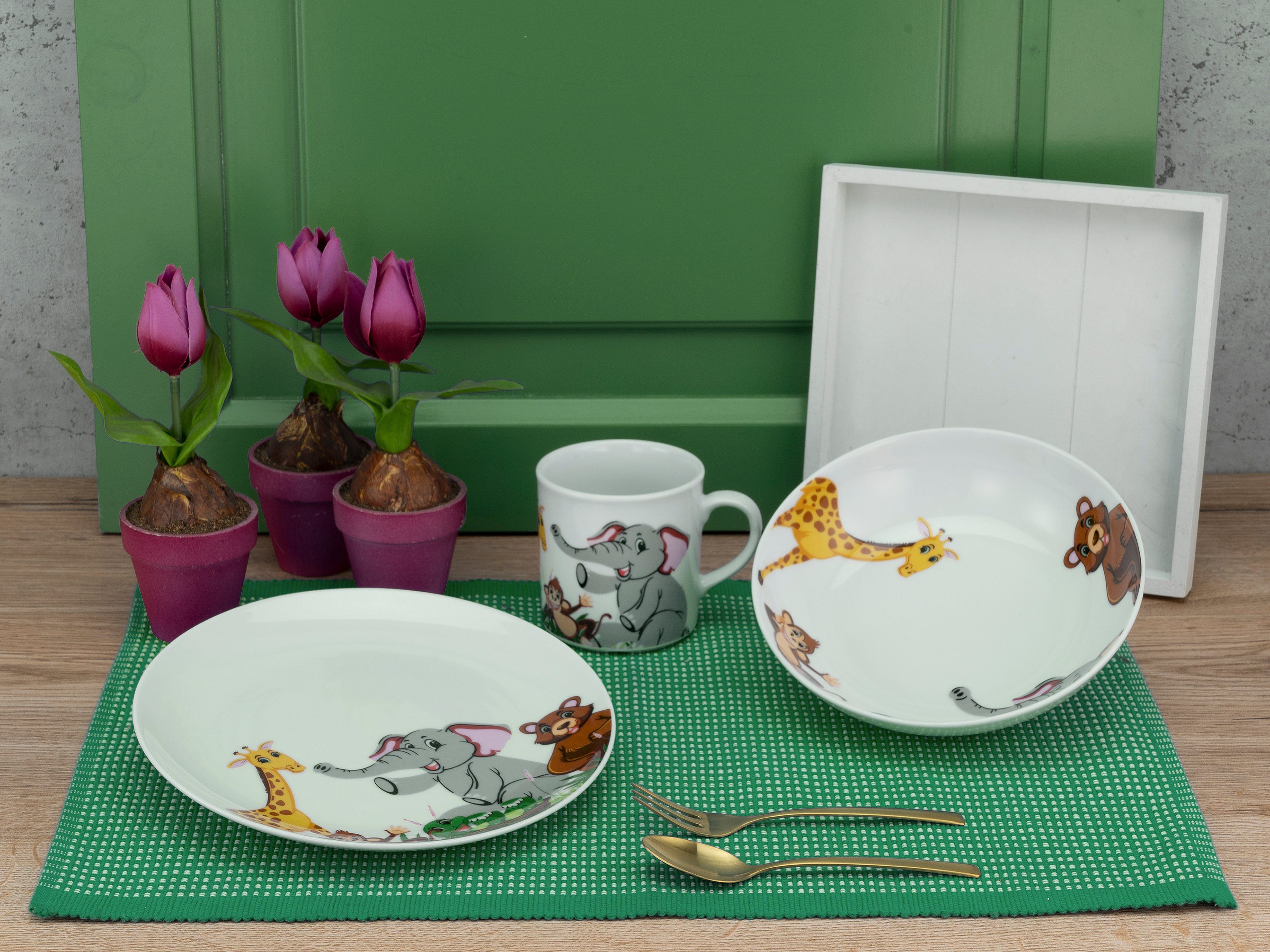 CreaTable Kinderservies-set Zoo Decor met leuke dierentuinbewoners, Made in Europe, 3 delen, voor 1 persoon (set, 3-delig)