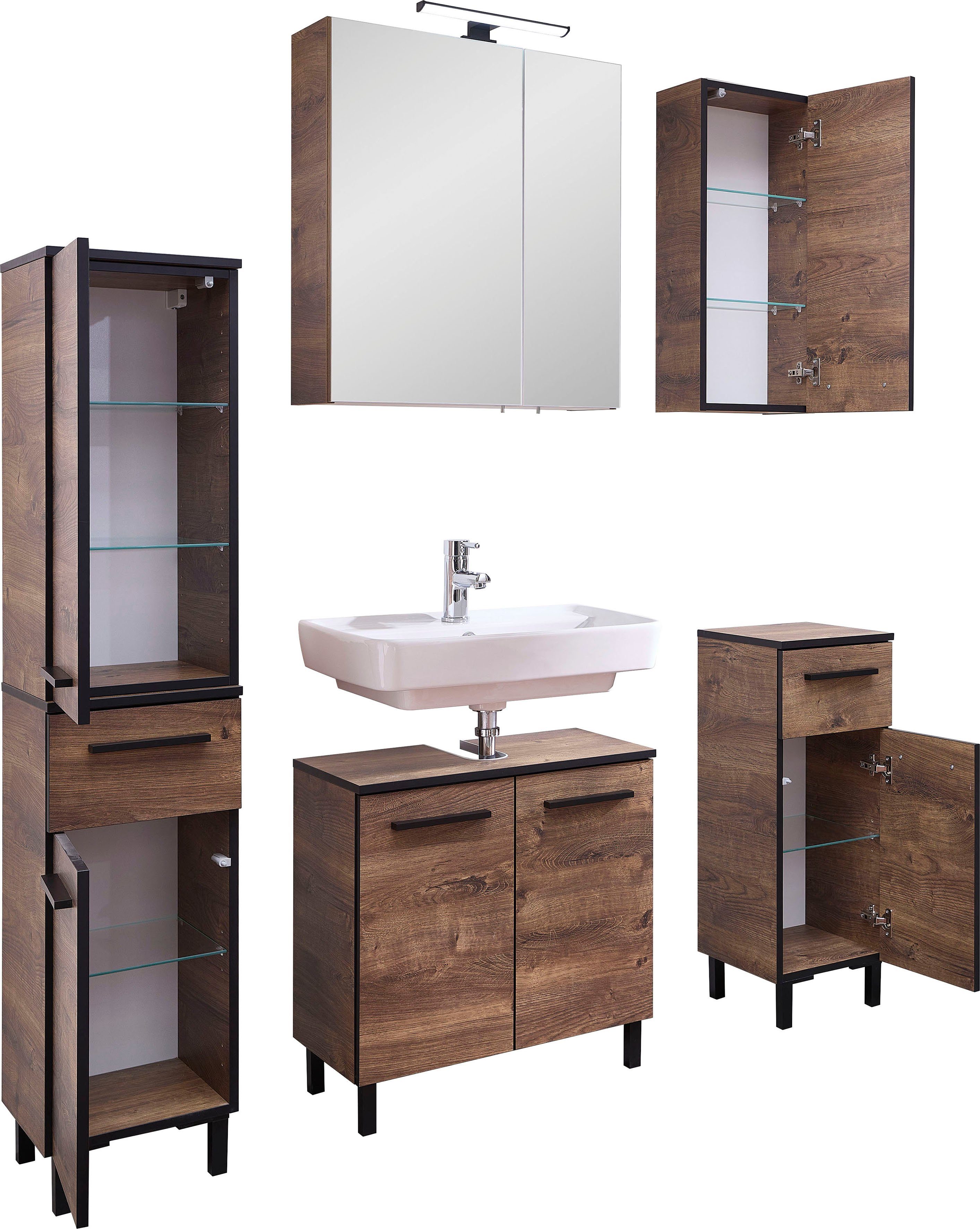 Saphir Badkamerserie Quickset 374 5-delig, wastafelonderkast met LED-spiegelkast Halfhoge kast, onderkast, hangkast, incl. deurdemper, 7 deuren (7-delig)
