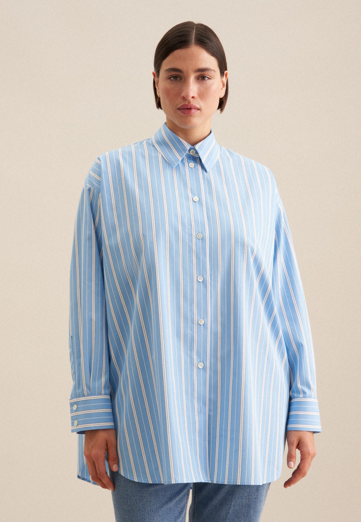 seidensticker Lange blouse Zwarte roos Lange mouwen kraag strepen dames lange blouses maat 4XL (48) blauw