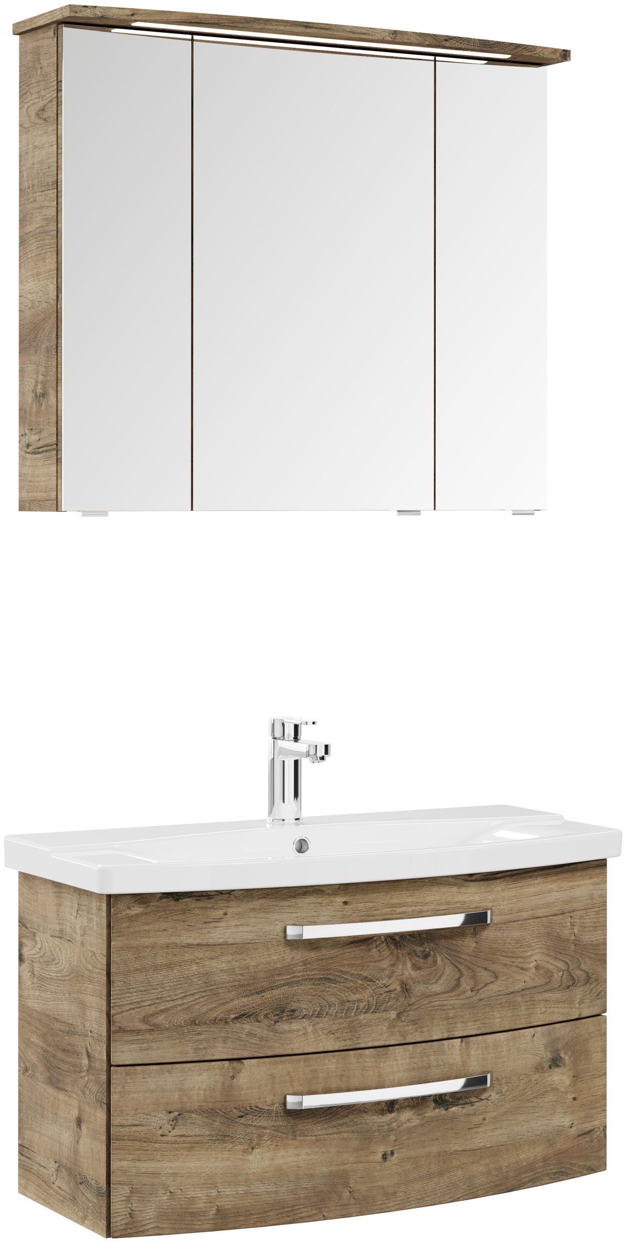 Saphir Badmeubelset Serie 4010 2-delig keramische wastafel met LED-spiegelkast Badkamer set 84 cm breed, incl. deurdemper, 3 deuren, 2 lades (set)