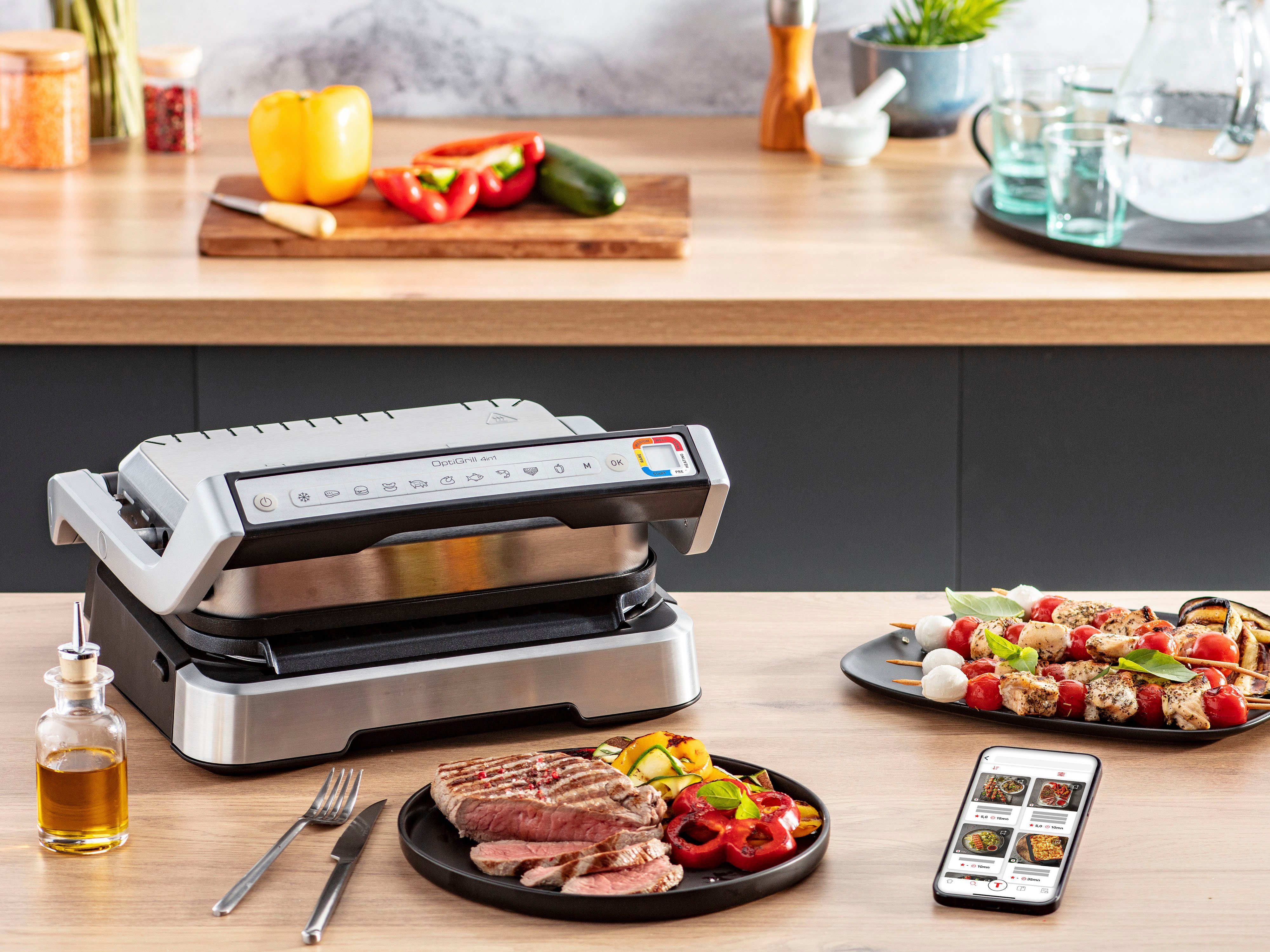 Tefal Contactgrill GC773D OptiGrill 2-in-1 met grilltang intelligente grill & bbq, scharnierend, 9 automatische programma's