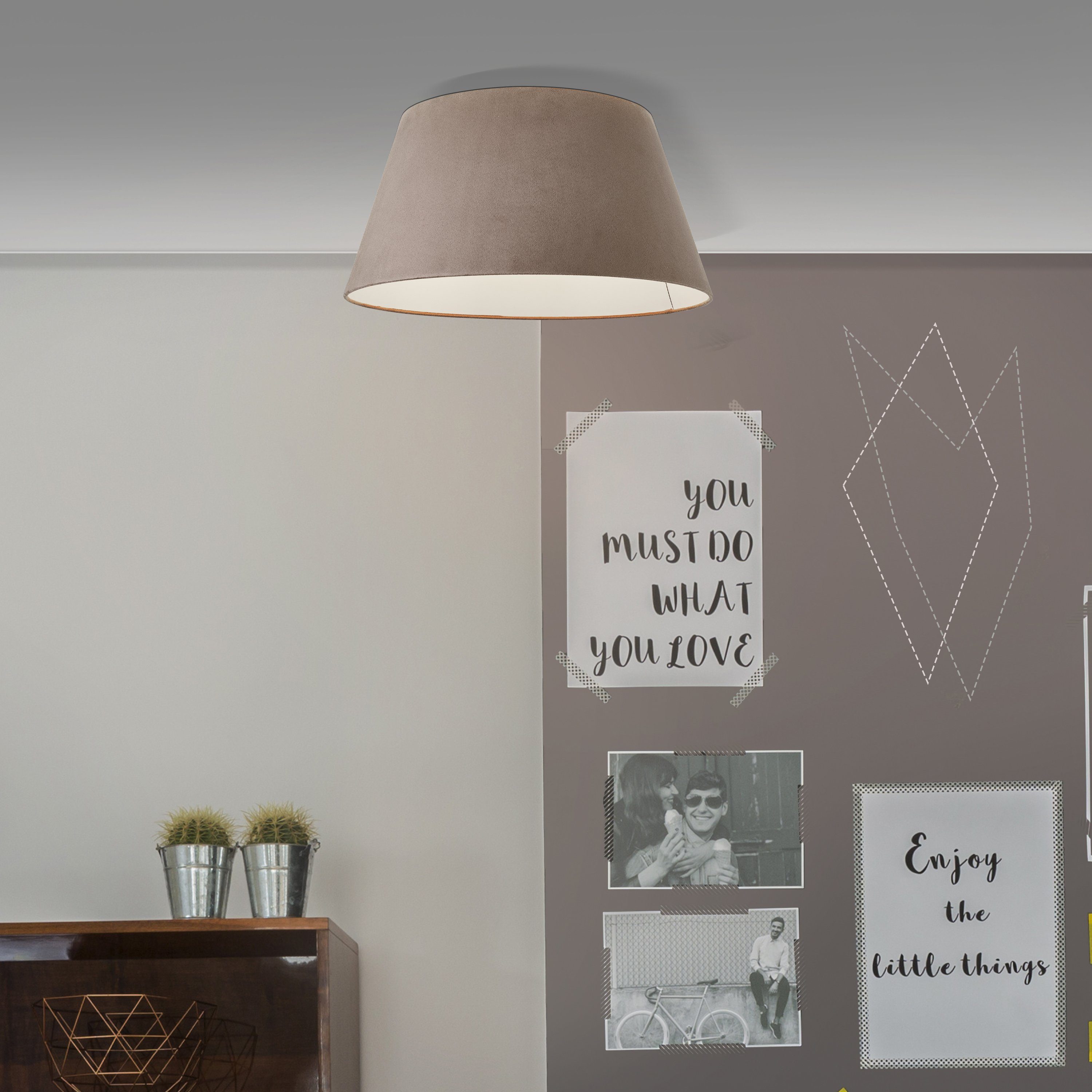 Brilliant Leuchten Plafondlamp Brok in fluweel-look, 26,5 cm hoogte, ø 50 cm, e27, metaal/textiel, taupe (1 stuk)