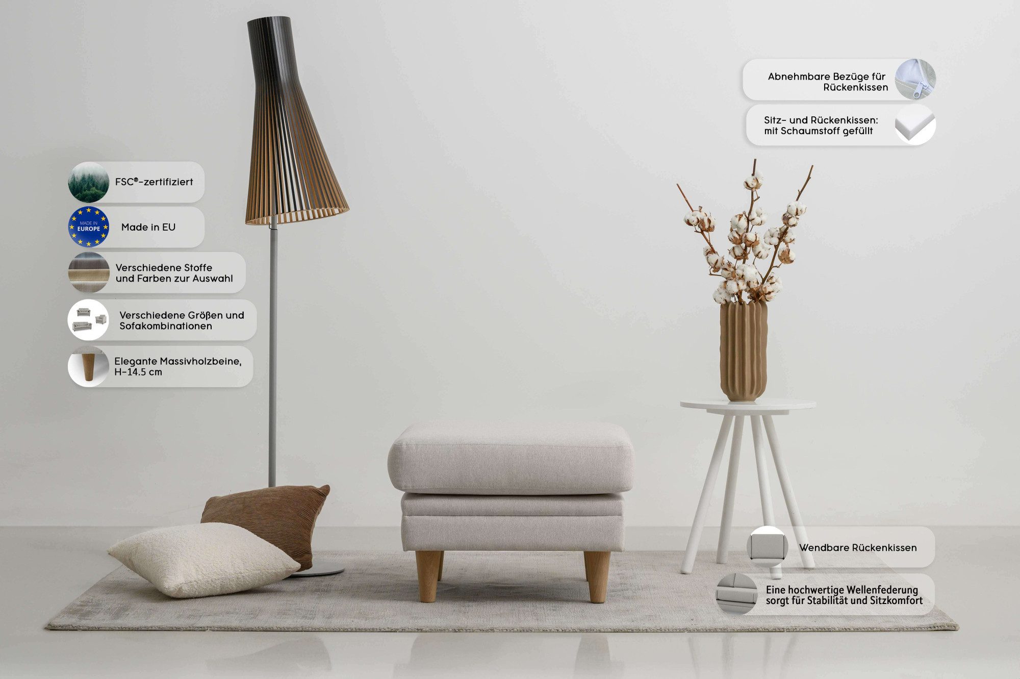Home affaire Hocker Arellano, breedte 63 cm klassiek ontwerp, met massief houten voeten, fijn geweven stof