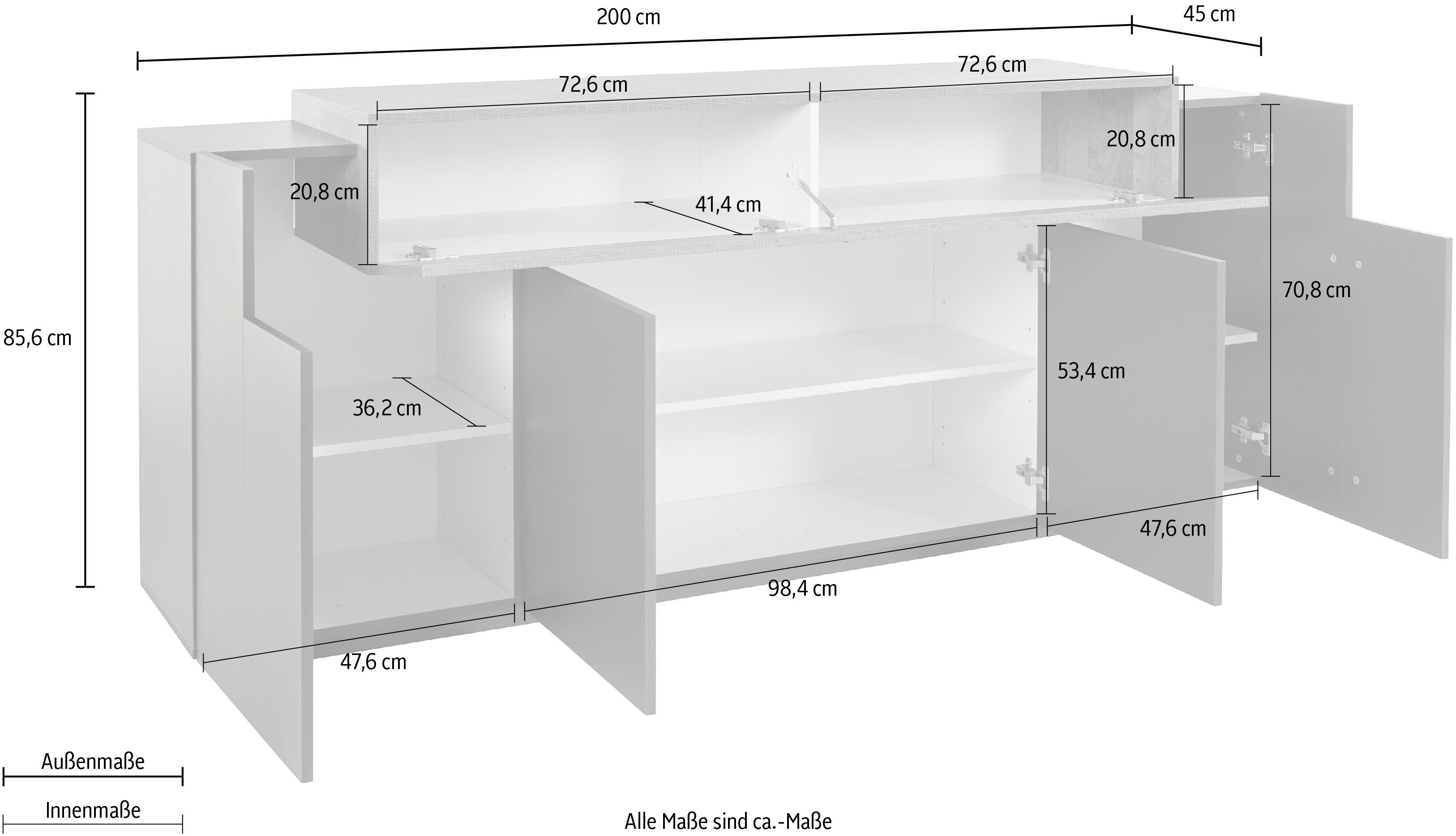 INOSIGN Dressoir Coro, commode, kast, buffet, greeploos met legplanken 1 klep, 4 deuren, dubbele diepte, bxdxh 200x45x85,6 cm