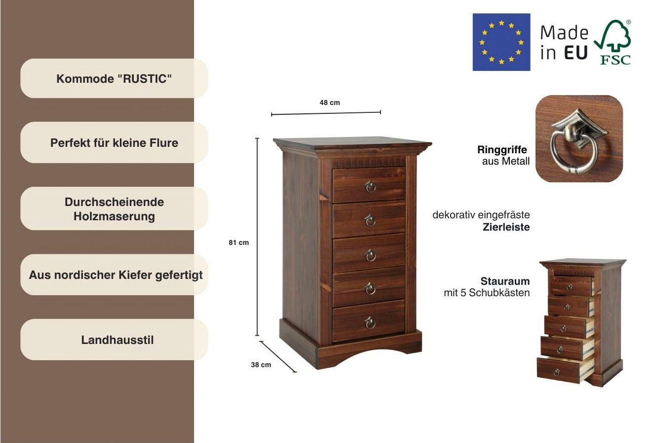 Home affaire Kast Rustiek Breedte 48 cm, van massief grenen, FSC®-gecertificeerd