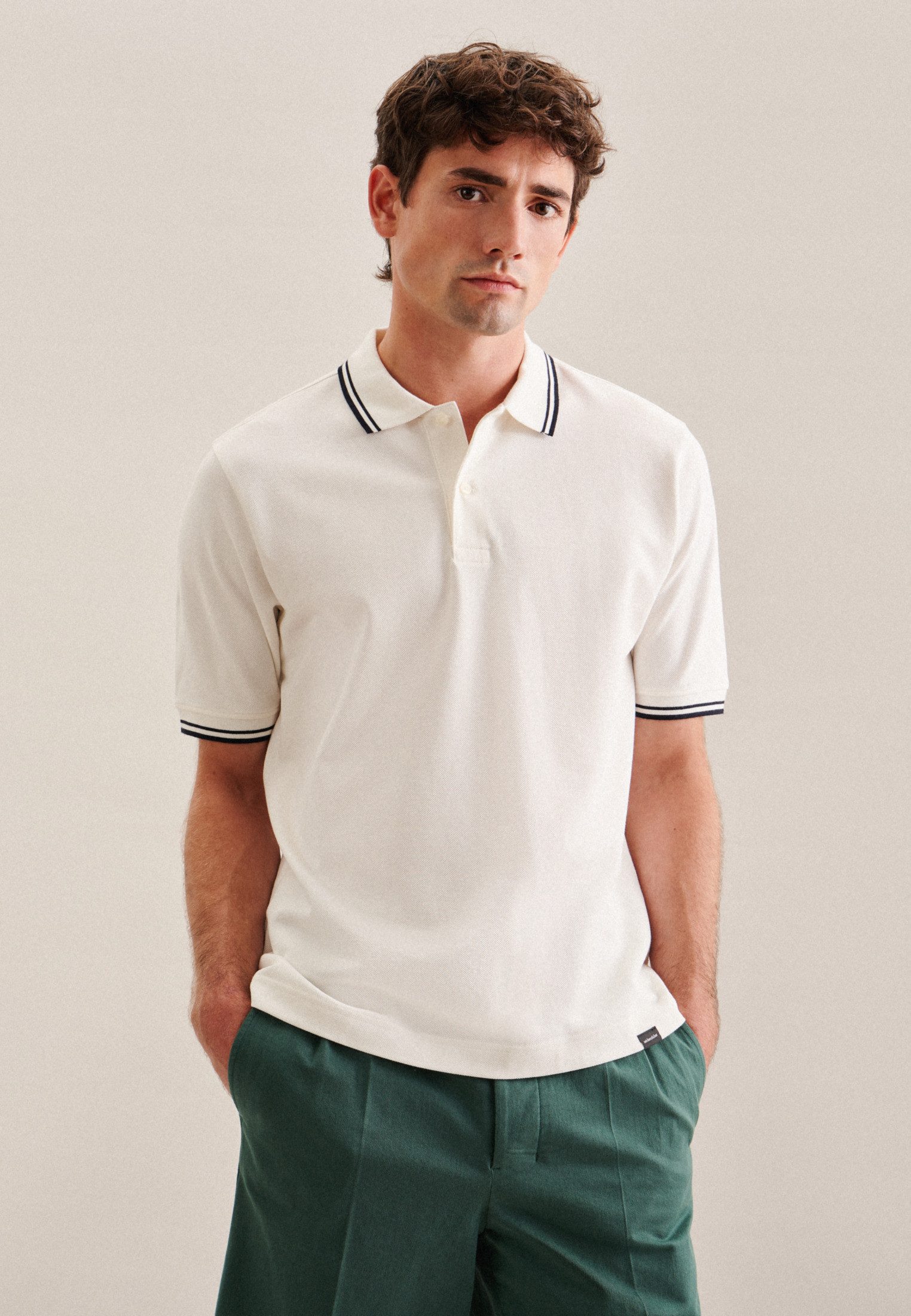 Seidensticker gestreepte regular fit polo ecru