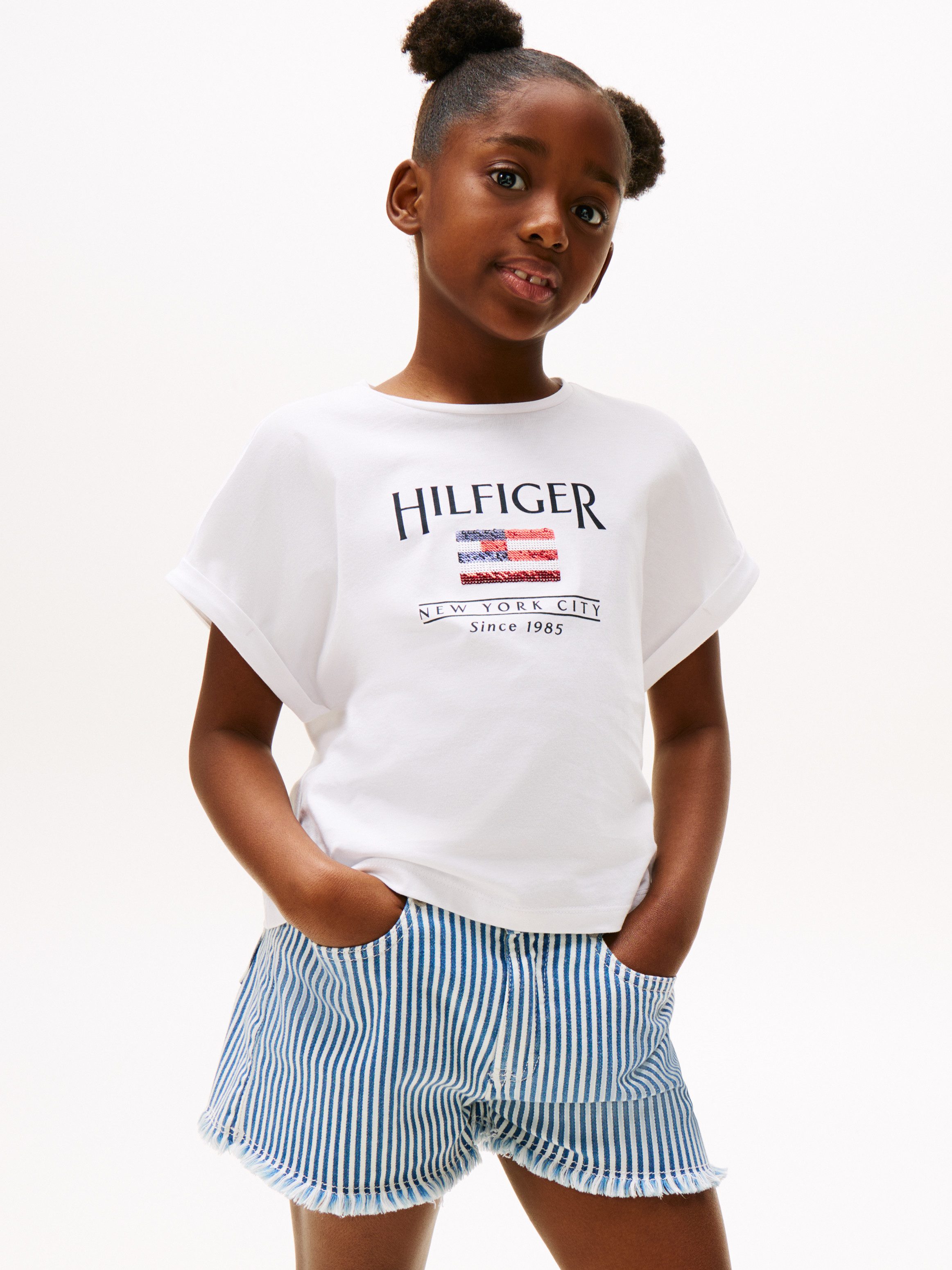 Tommy Hilfiger Shirt met korte mouwen HILFIGER SEQUINS FLAG TEE SS met pailletten, met logo-print meisjes t-shirts maat 12 (152) wit