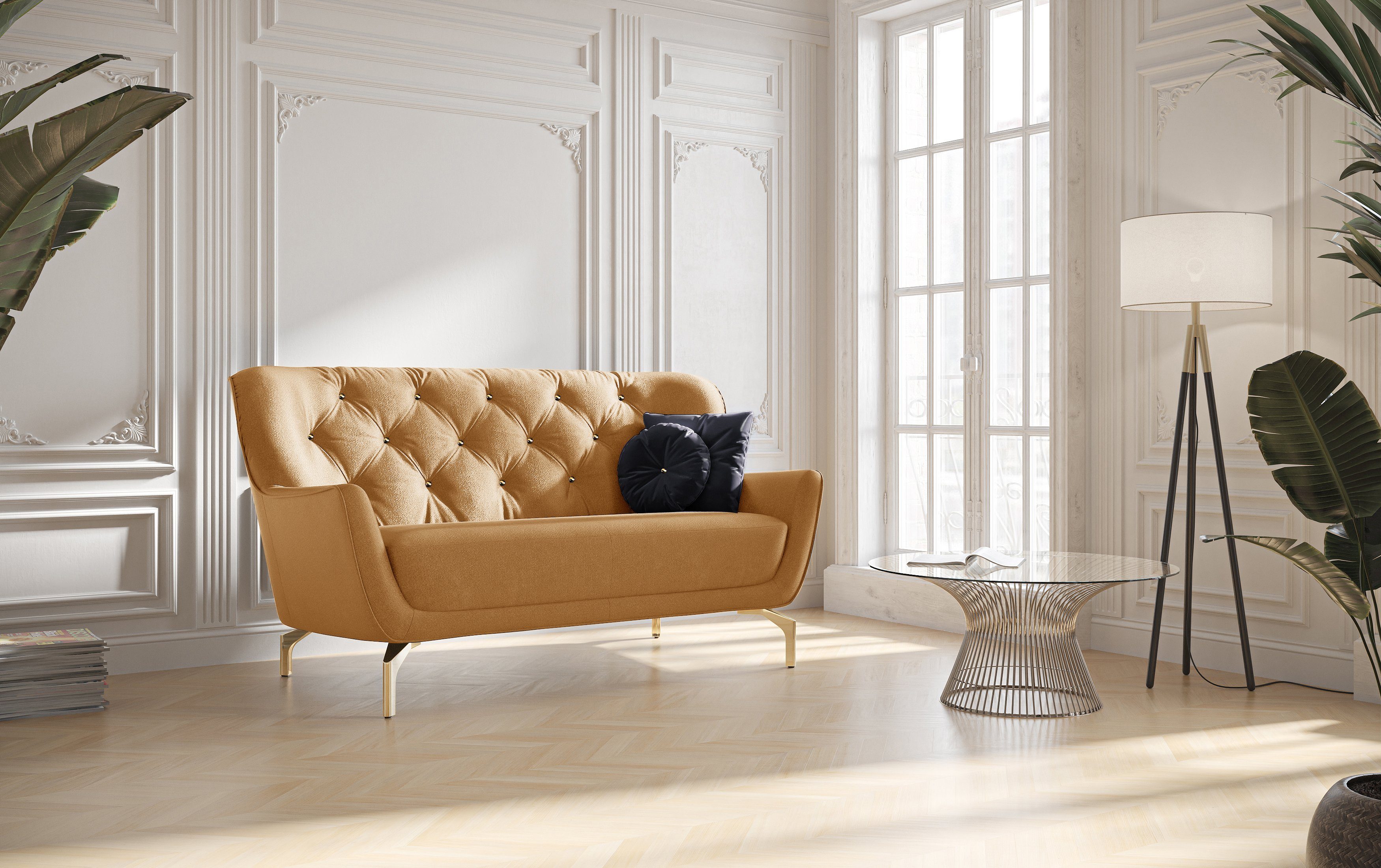sit&more 2-zitsbank Orient 3 incl. 2 sierkussens met strassteentjes, goudkleurige metalen poten