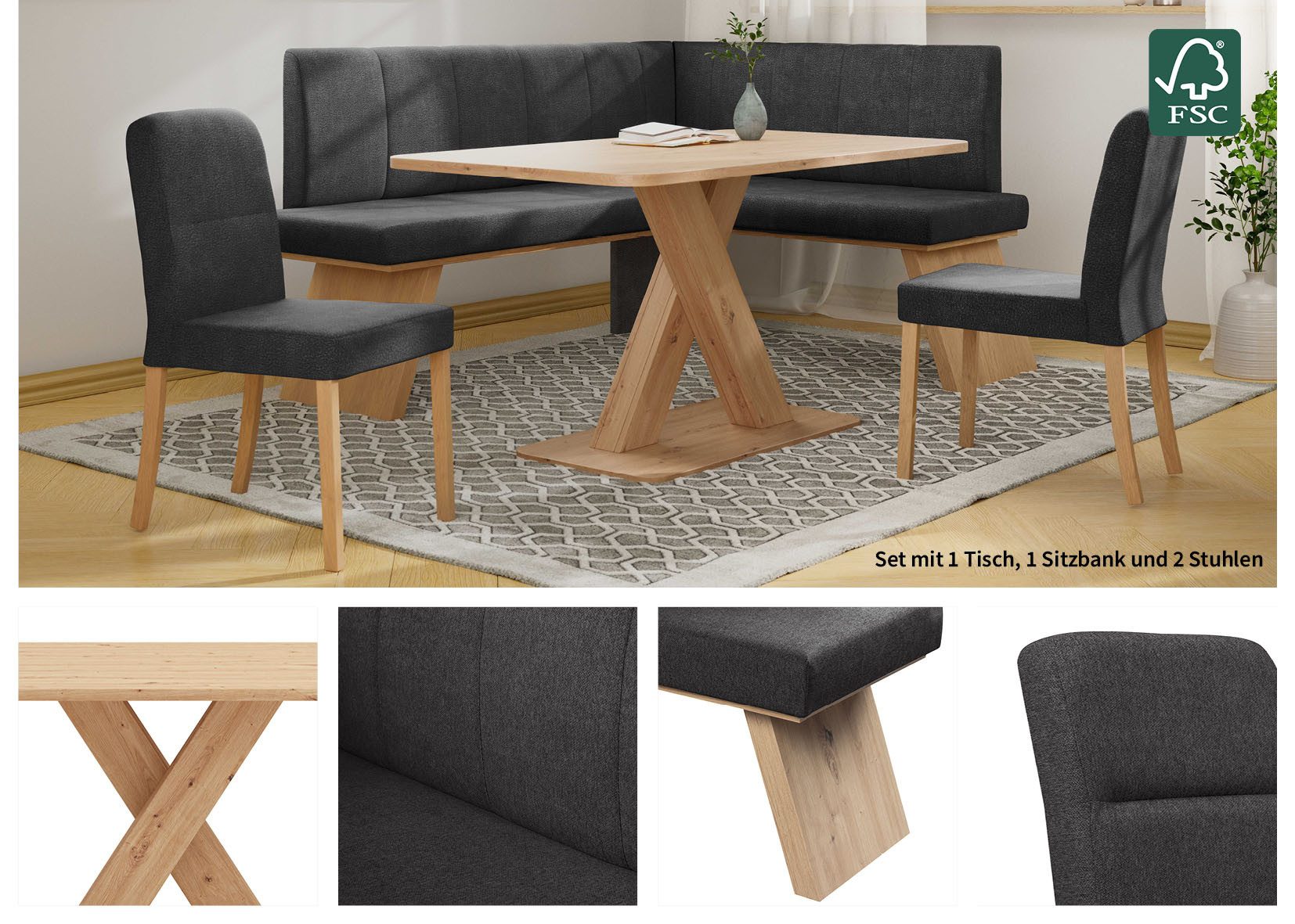 Home affaire Eethoek Nina Eetkamer zitgroep stoelen tafel en bank comfortabel gepolsterd (4-delig)