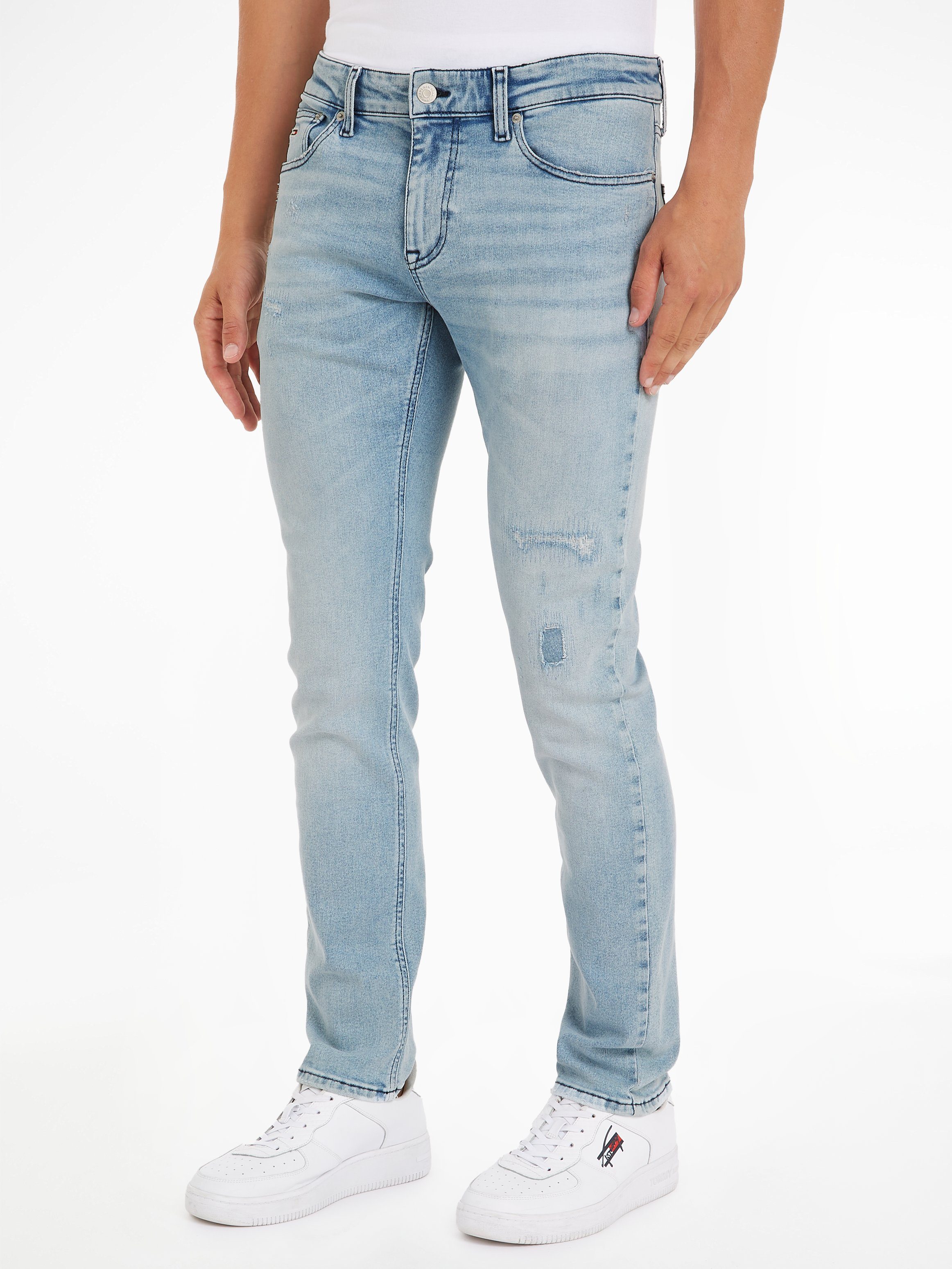 TOMMY JEANS Slim fit jeans SCANTON SLIM met slijtage- en destroyed-details heren slim fit jeans maat 36 blauw