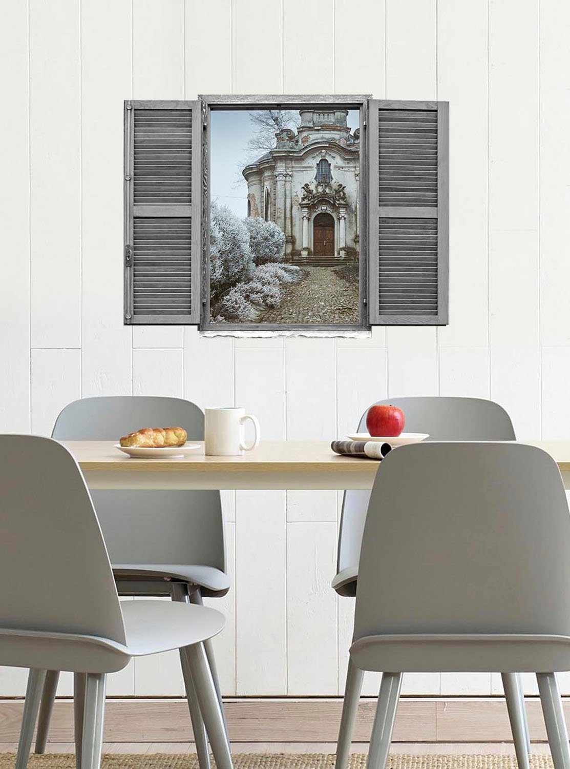 queence Wandfolie Huis Muursticker, muurdecoratie, zelfklevend, 3D, raam (1 stuk)