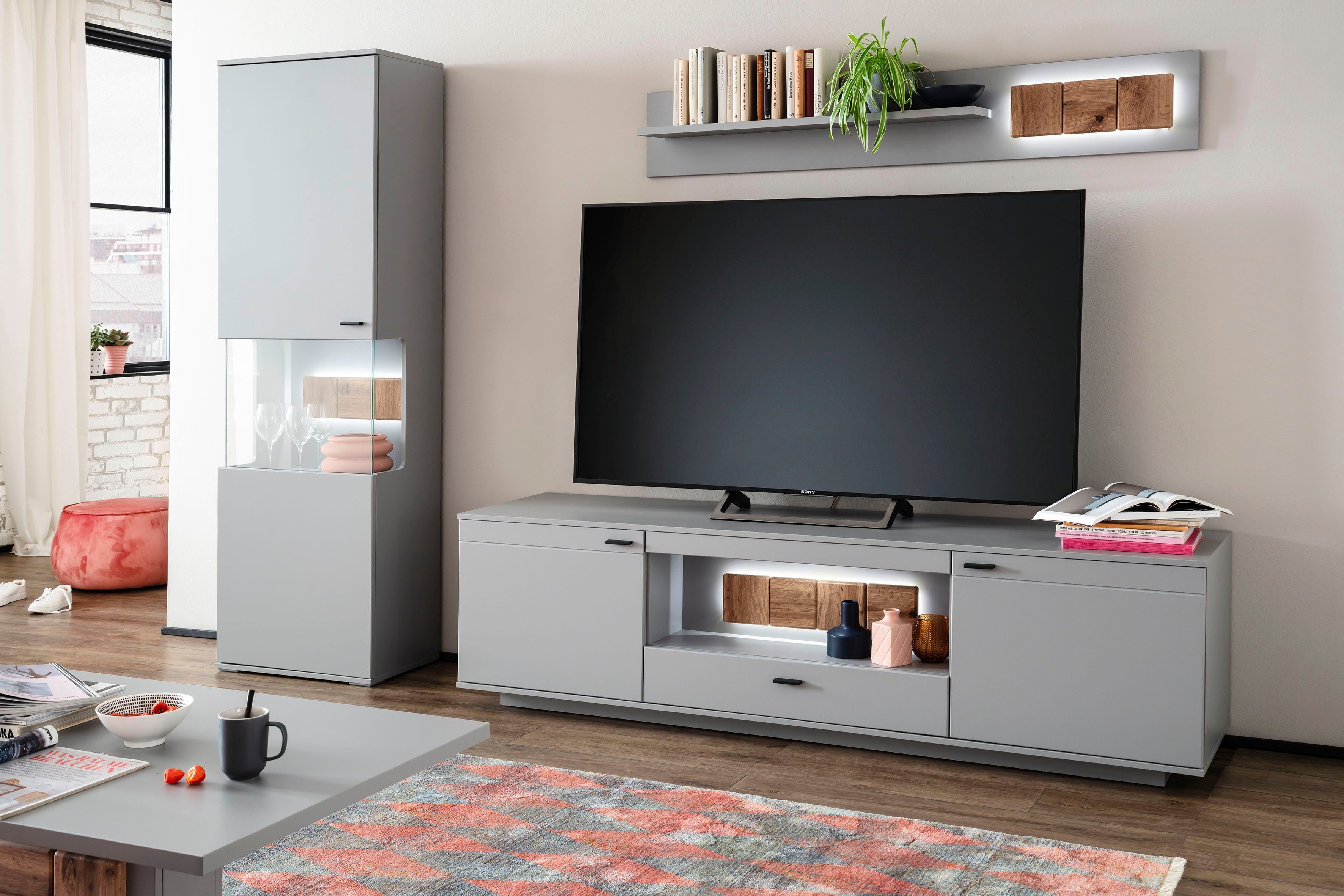 MCA furniture Wandmeubel Zadar moderne woonwandcombinatie in noordpool-grijs, naar keuze met verlichting (3-delig)