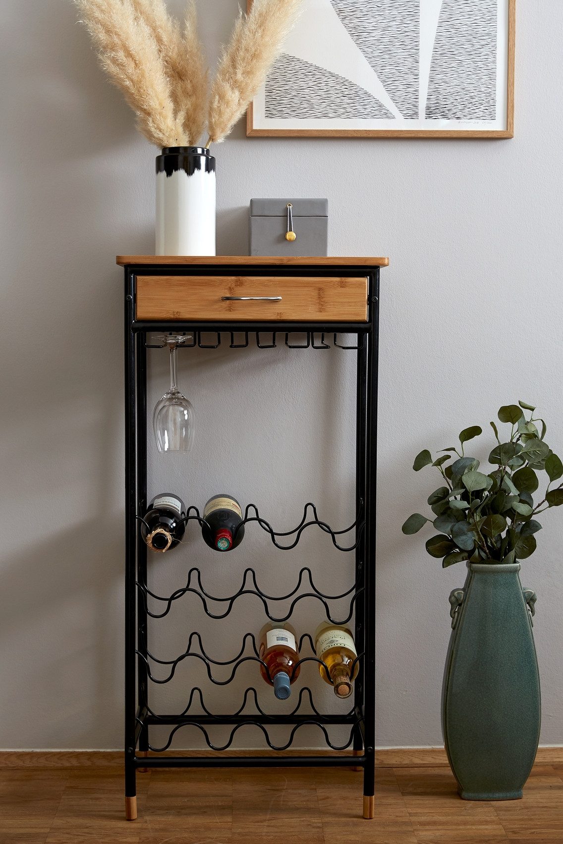 WENKO Wijnflessenhouder Model Loft Flessenrek voor 16 flessen met lade, metaal en bamboe
