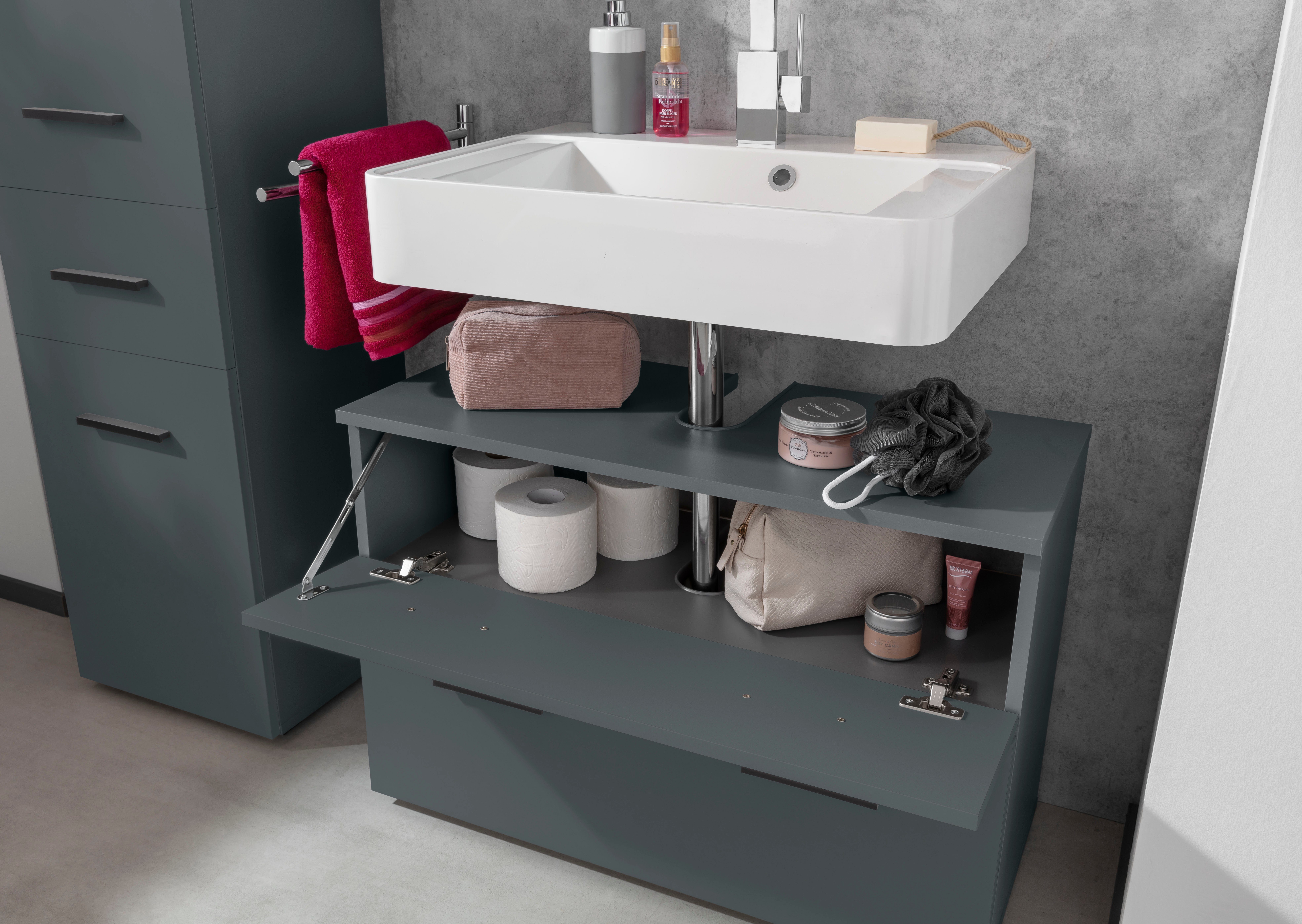 INOSIGN Wastafelonderkast Skara met klep en lade, zwarte grepen, breedte 80 cm, hoogte 55 cm