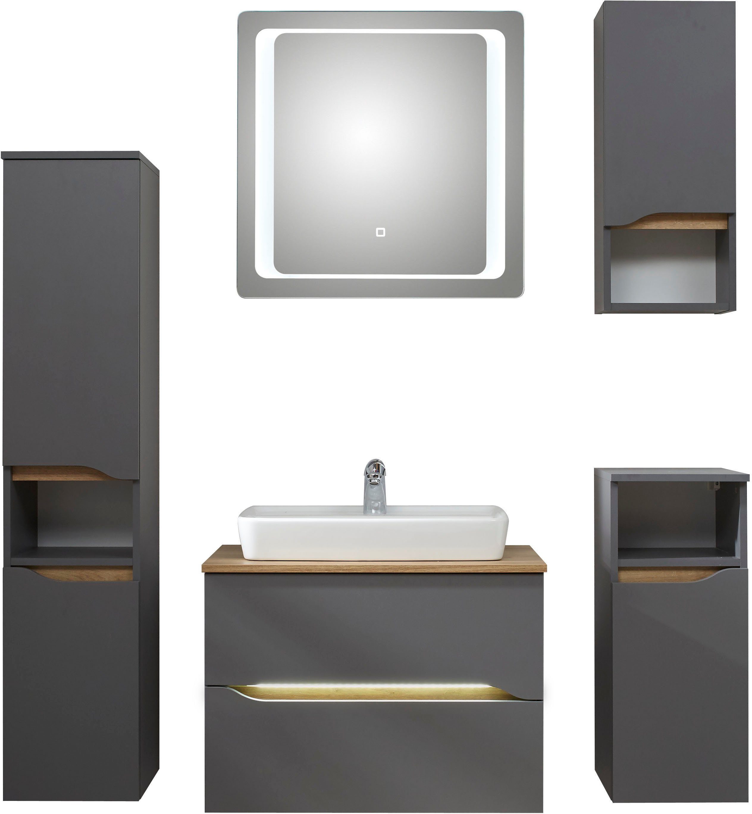 Saphir Badkamerserie Quickset 5-delig, keramieken opzetwasbak met led-spiegel Halfhoge kast, onderkast, hangend kastje, inclusief deurdemper, 6 deuren