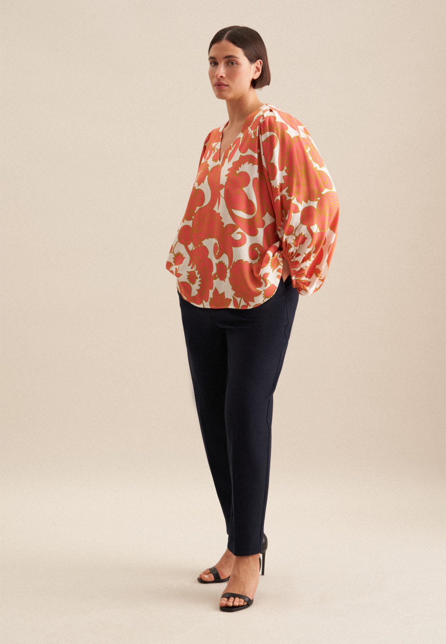 seidensticker Shirtblouse Zwarte roos 3/4-mouw v-hals paisley