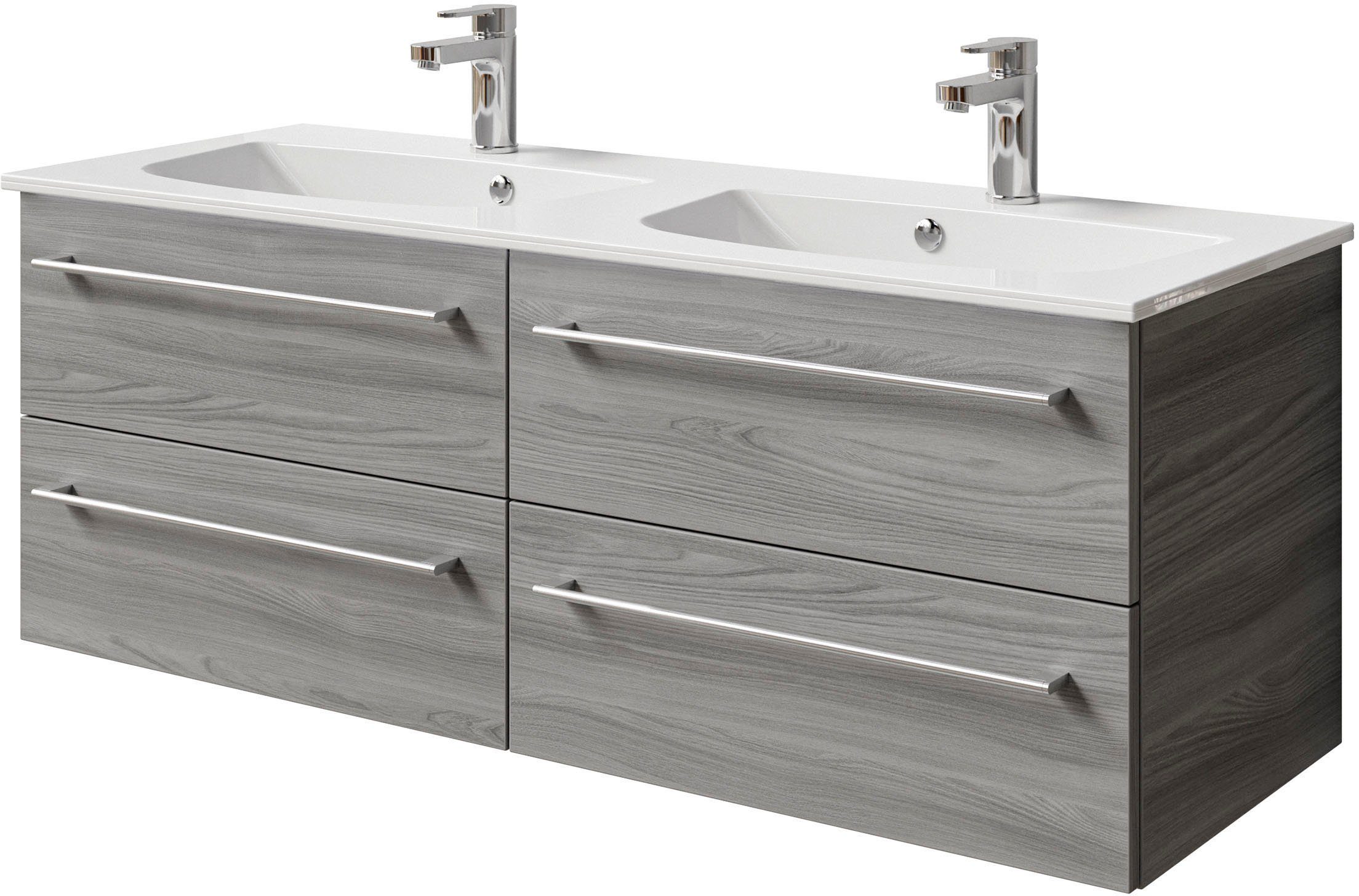Saphir Wastafelonderkast Serie 6025 mineraalmarmeren wastafel met onderkast, 132 cm breed Dubbele wastafel met 4 lades, hangend, verschillende