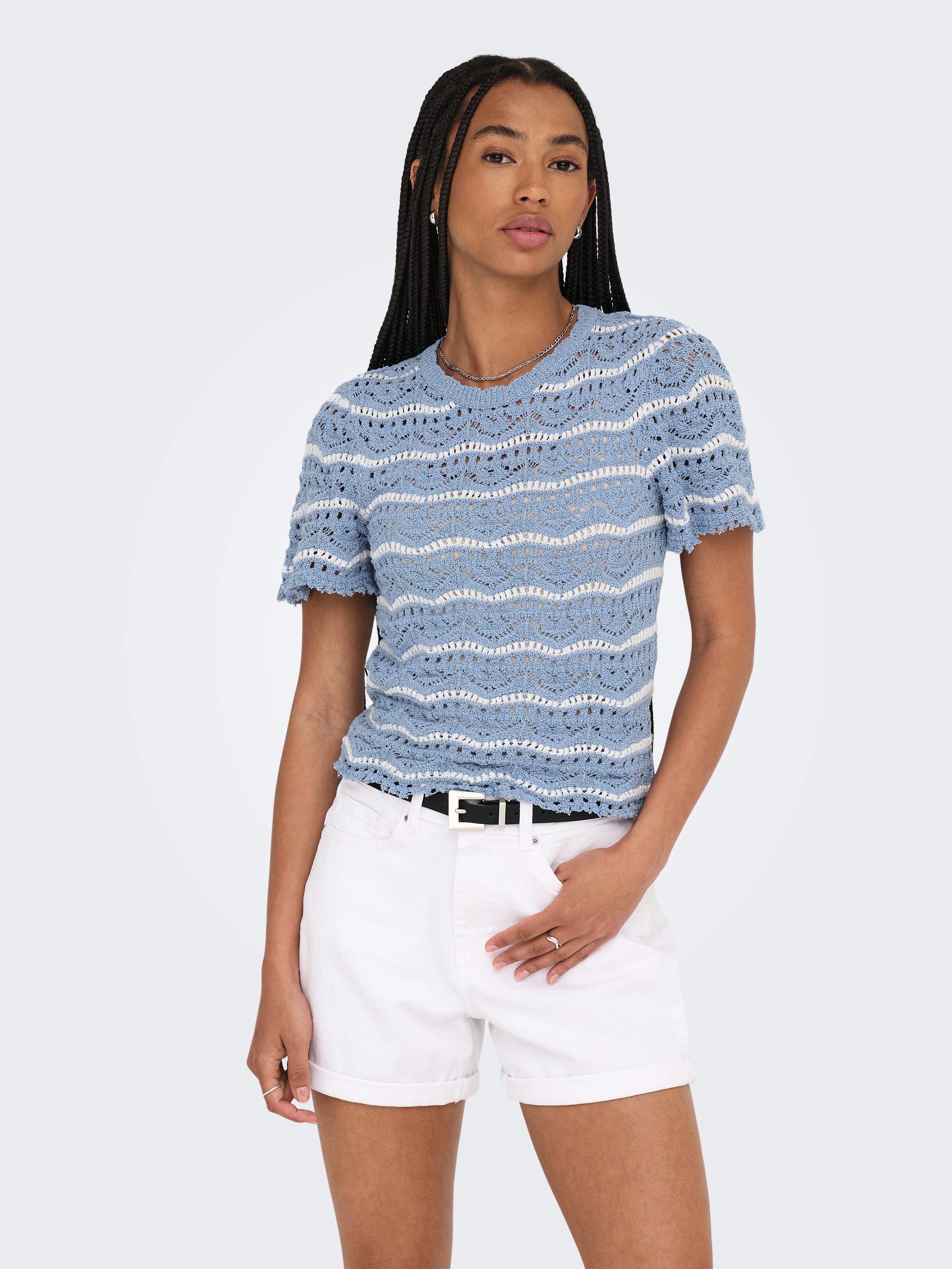 Only Trui met korte mouwen ONLANNASOFIA LIFE SS STRIPE O-NECK KNT