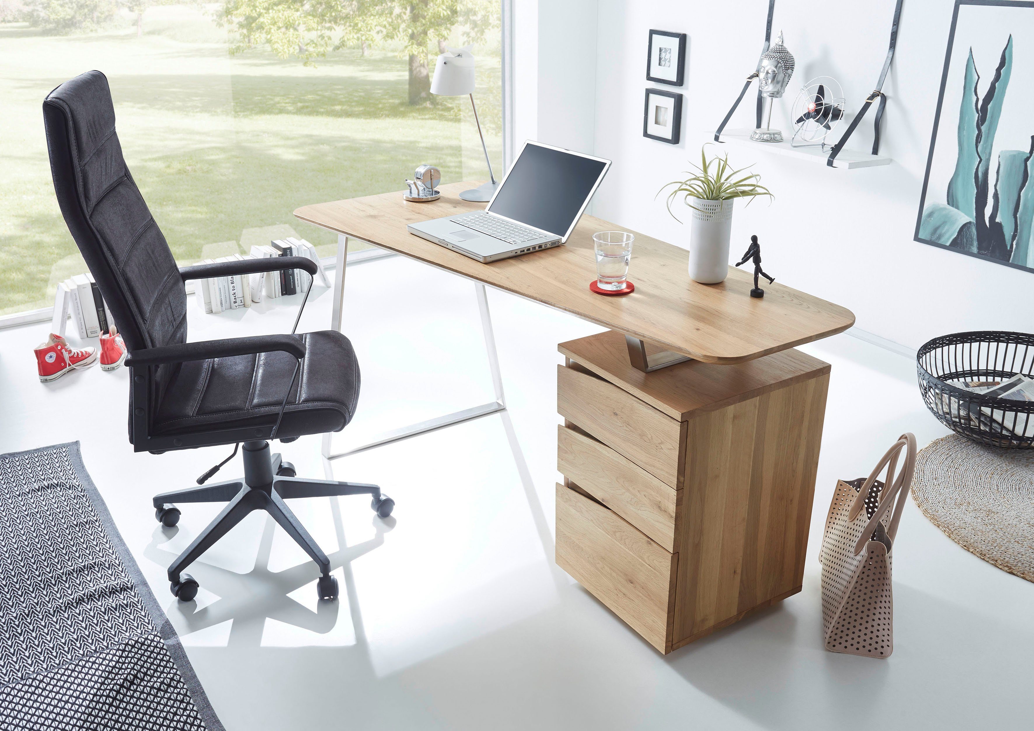 MCA furniture Bureau Tori Noesteiken massief hout geolied, met 3 laden, breedte 150 cm