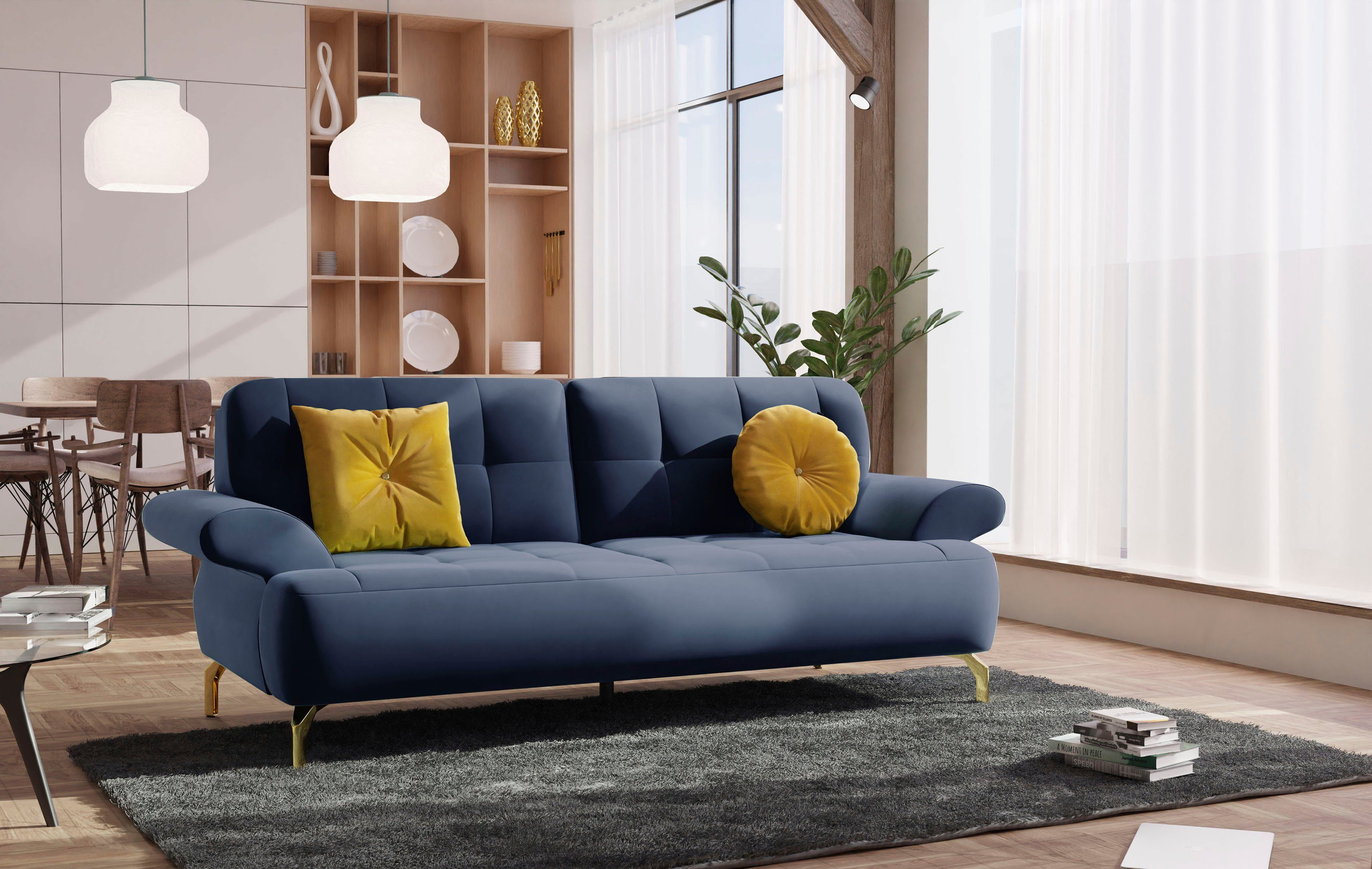 sit&more 2,5-zitsbank Orient 1 incl. 2 sierkussens met strassteentjes, goudkleurige metalen poten blauw, 2-zitsbanken