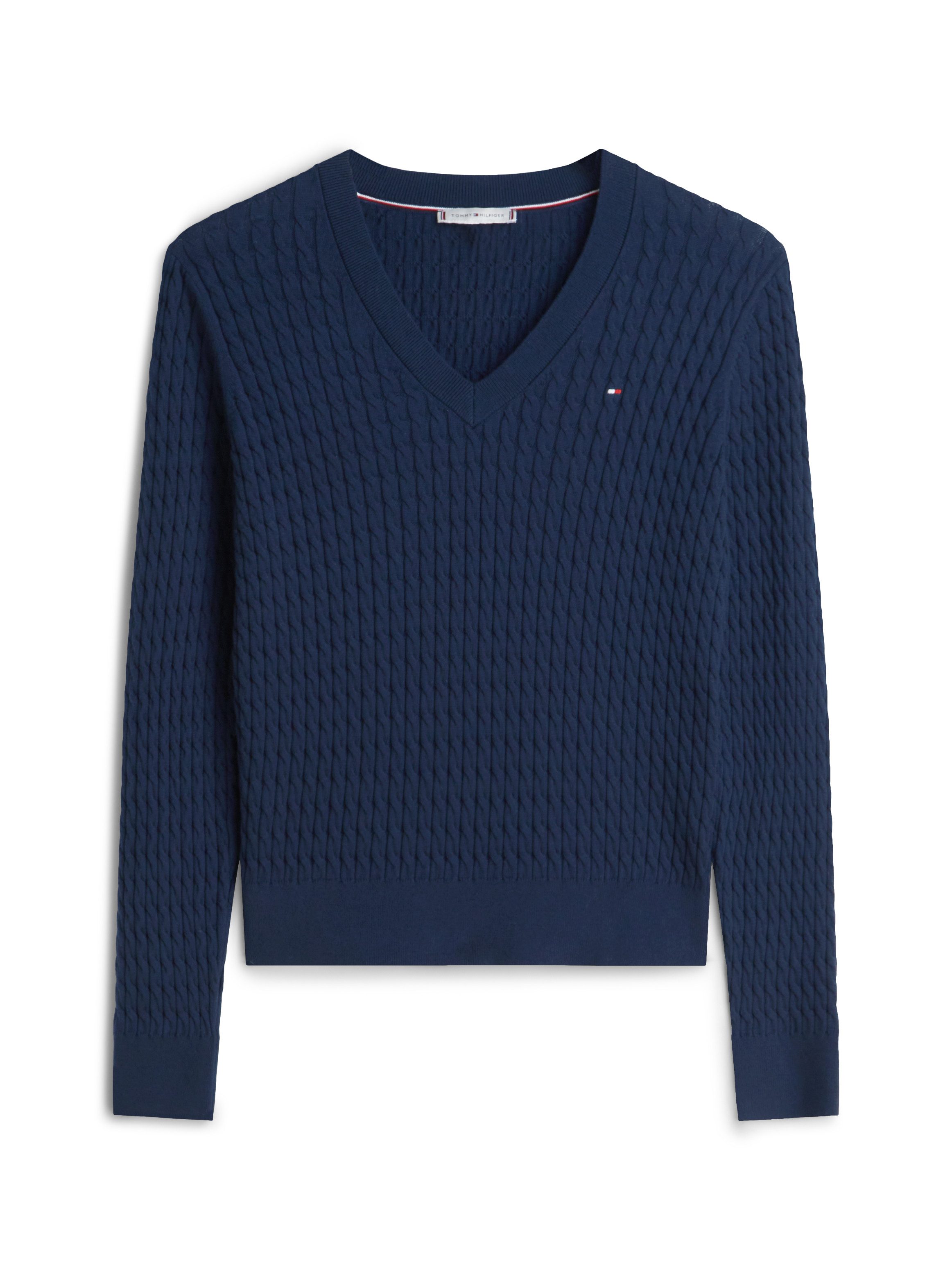 Tommy Hilfiger Trui met V-hals CO CABLE V-NK LS SWT met kabelpatroon, logo-borduursel