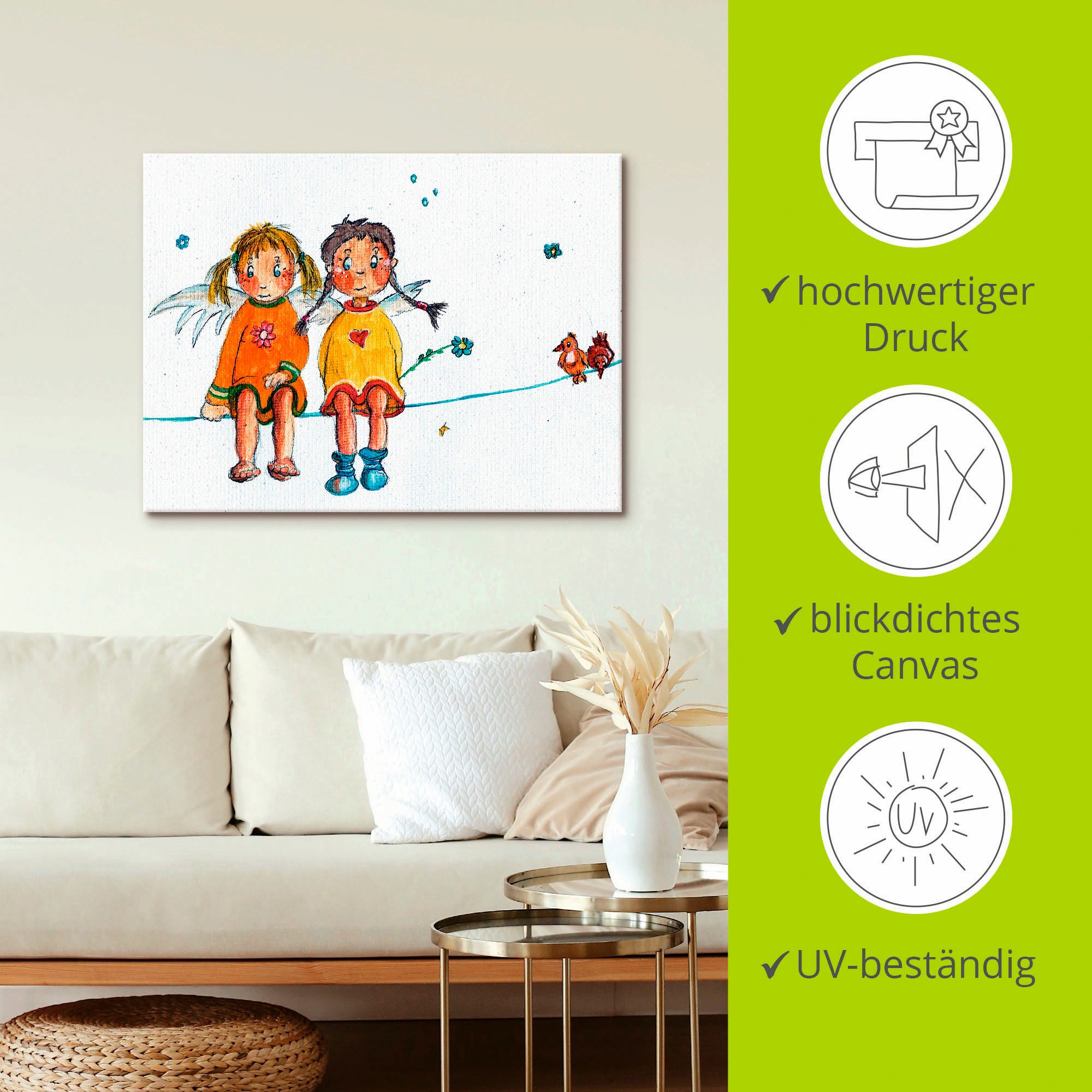 Artland Artprint Twee engeltjes zitten op de waslijn als artprint op linnen, muursticker in verschillende maten