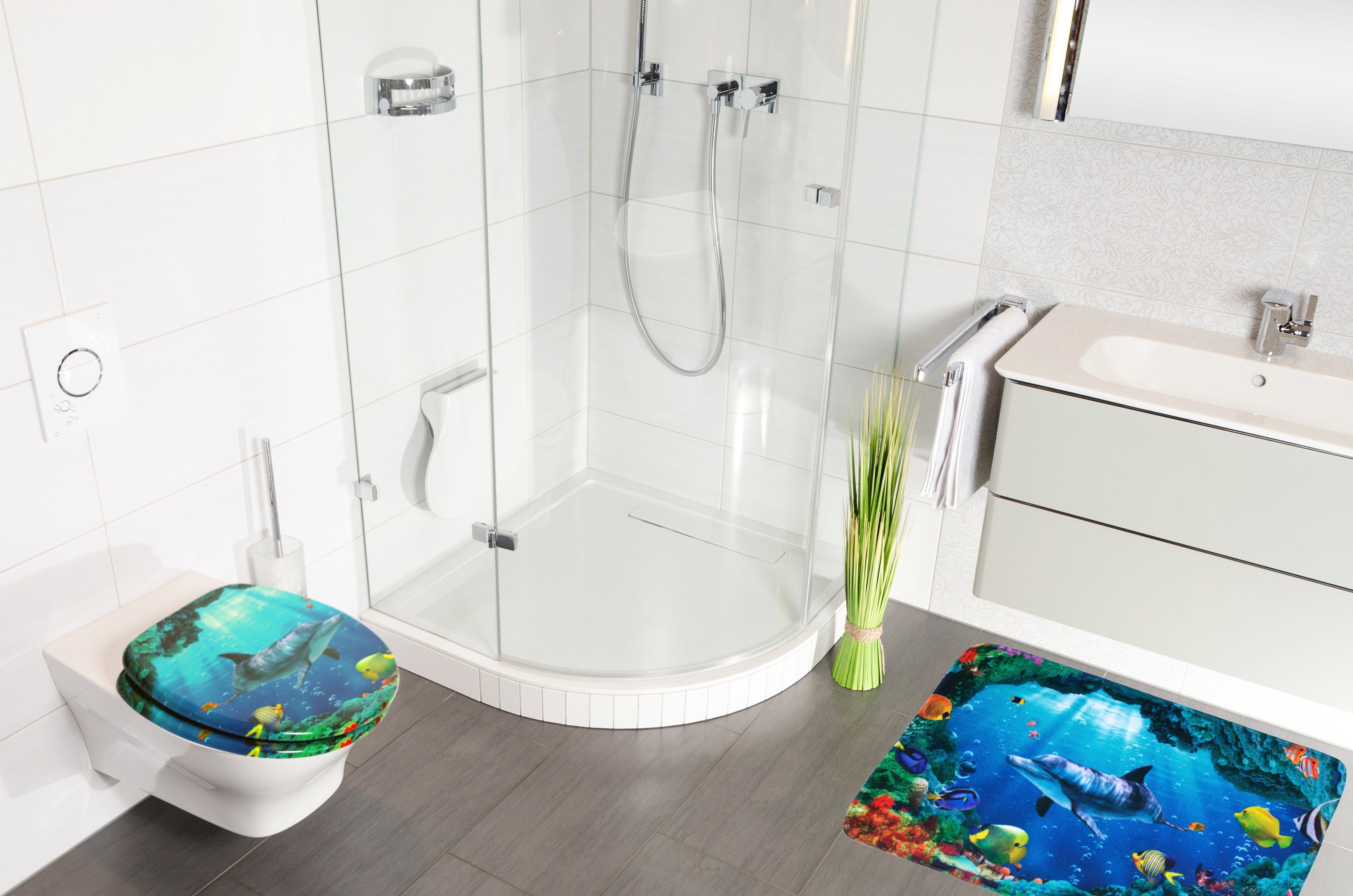 Sanilo Set badkameraccessoires Dolfijn koraal bestaand uit toiletzitting, badmat en wastafelplug (complete set, 3-delig)