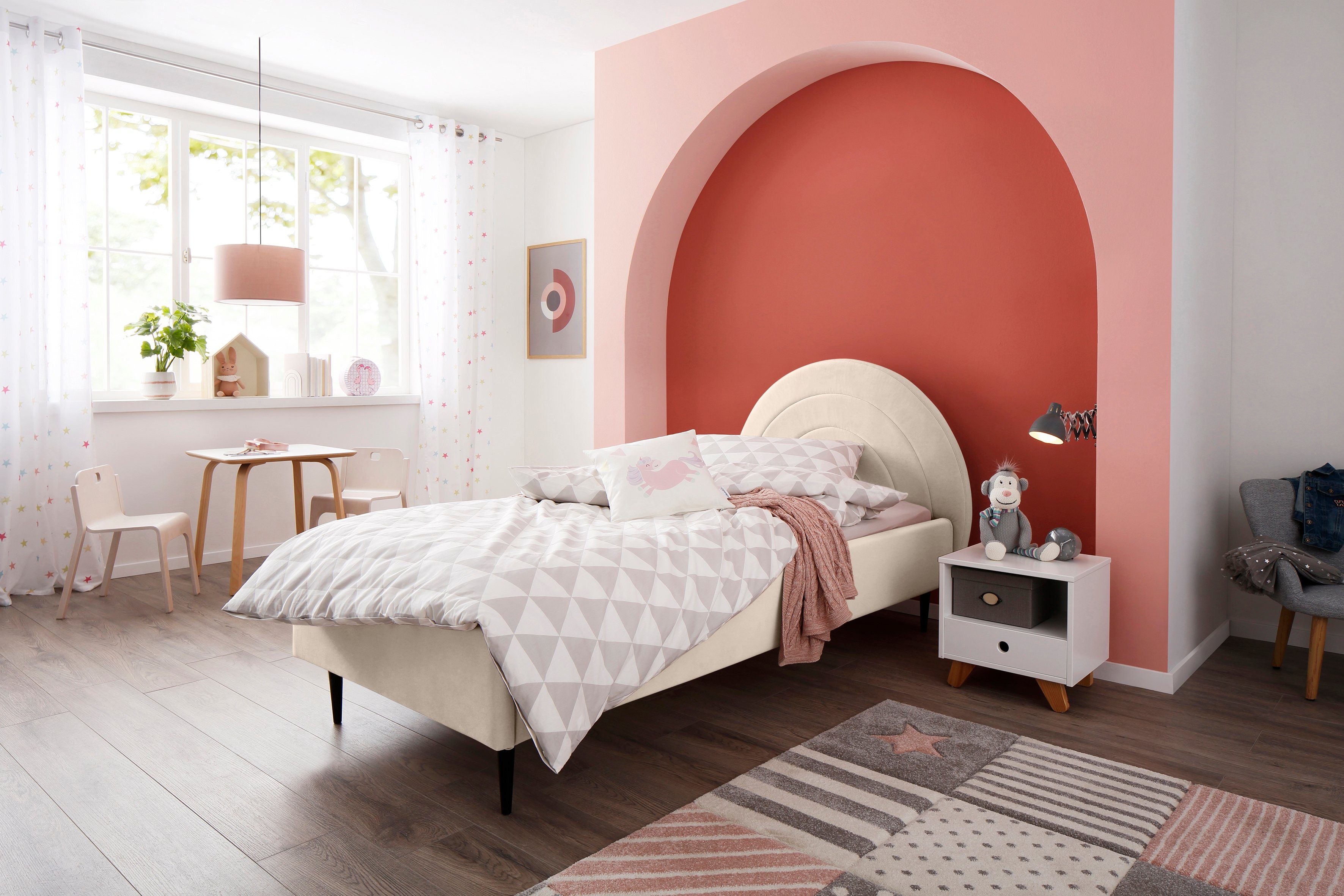 Lüttenhütt Gestoffeerd bed Femmy prettig bekleed hoofdbord met decoratief regenboogmotief