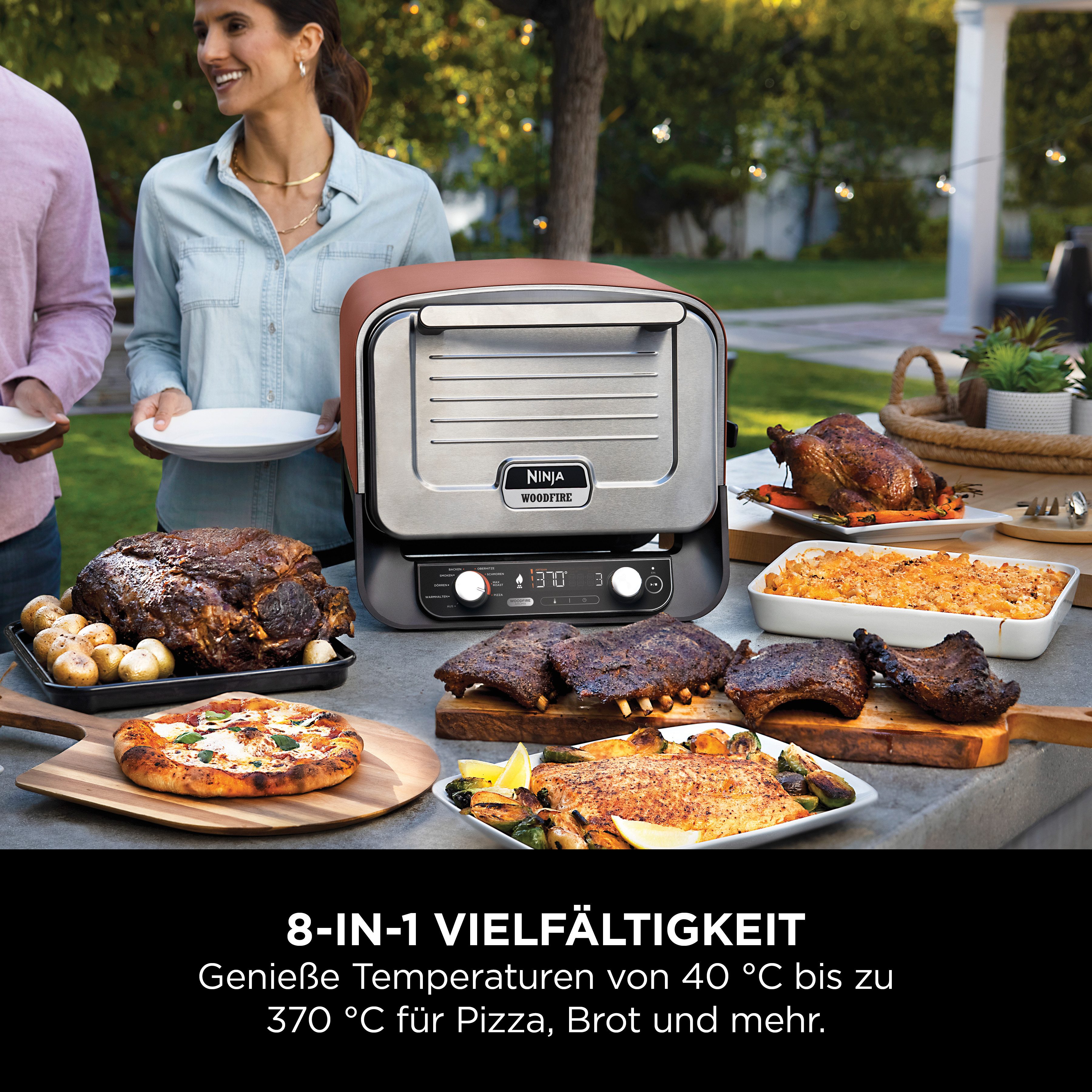 NINJA Multifunctionele oven OO101EU, Elektrische Outdoor pizzaoven en roker, 8-in-1: Pizza Bakken, Max Roast, grillen, bakken/roosteren, roken, drogen & warmhouden