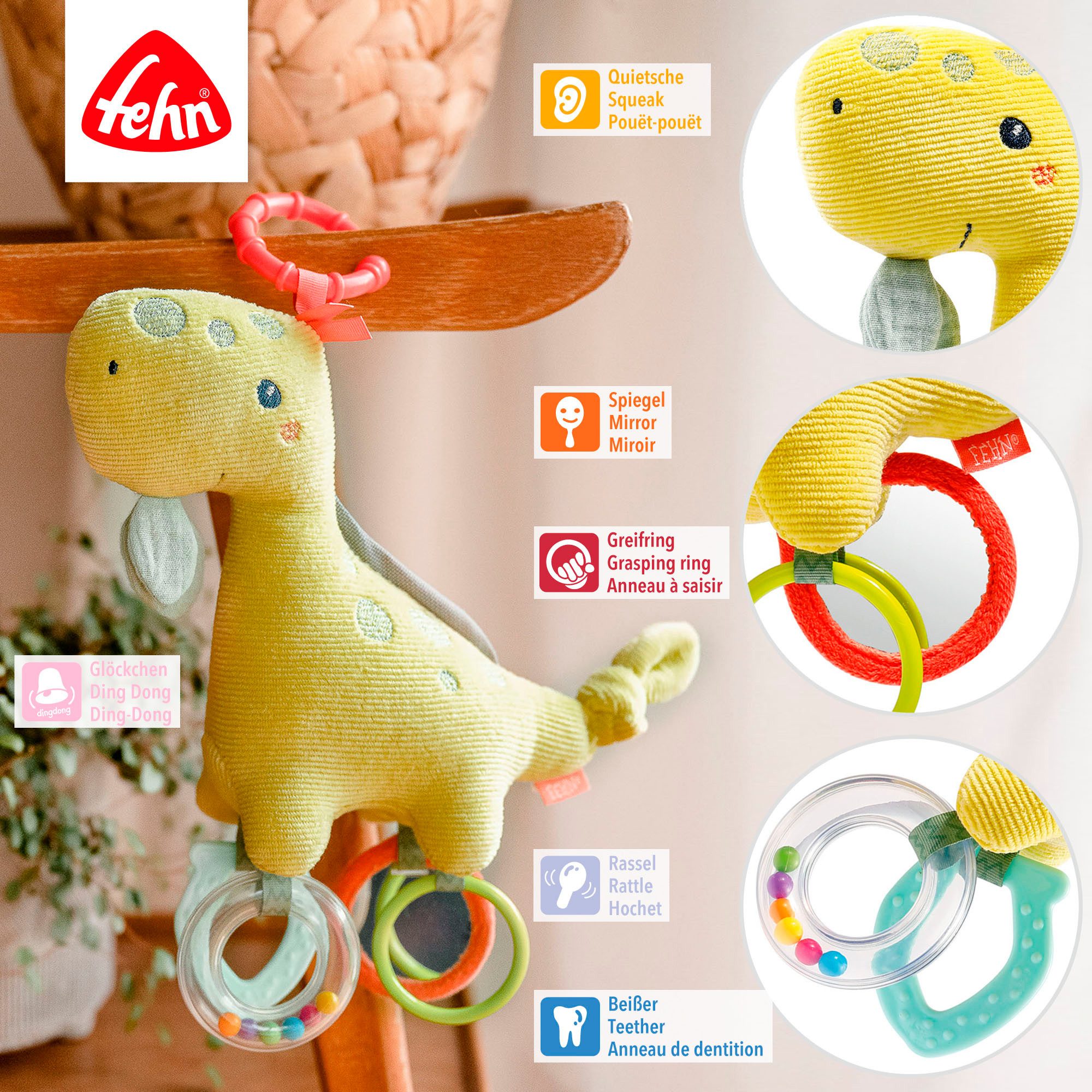 Fehn Kinderwagen hanger Activity Happy dino met bevestigingsring