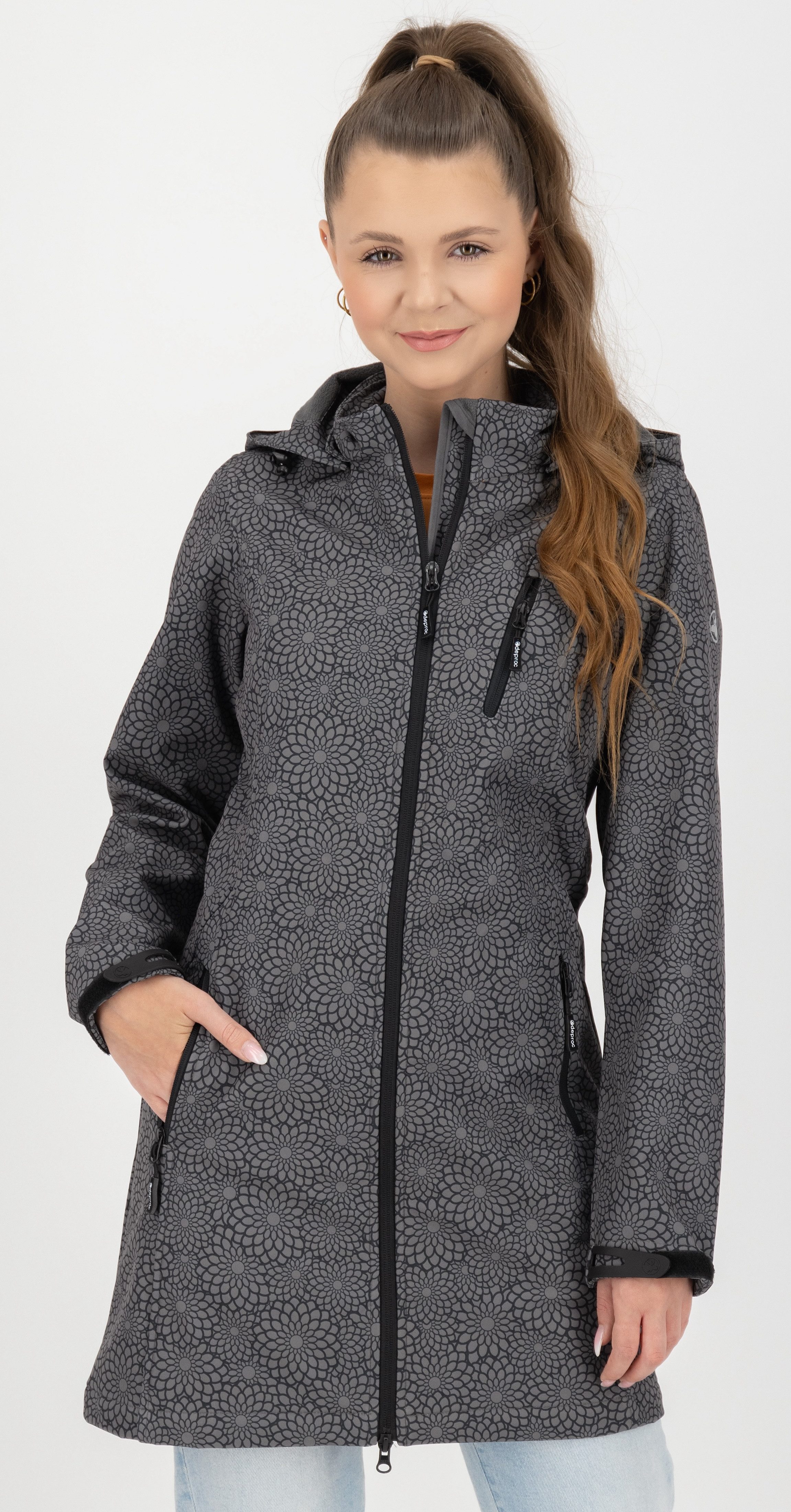 DEPROC Active Softshell-jack SHELBY LONG lichte softshell korte mantel met afneembare capuchon