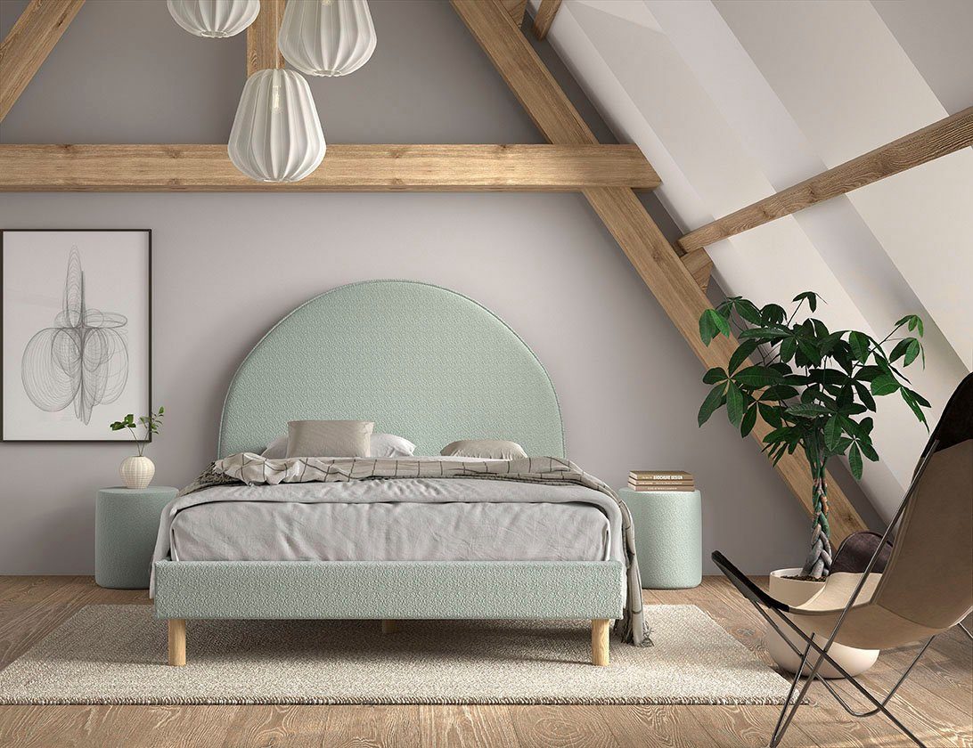 Vipack Slaapkamerserie Moon, bestaat uit gestoffeerd bed 140/200 en 2 hockers/nachtkastjes incl. lattenbodem, bekleding zachte bouclé stof, keuze uit 4 kleuren