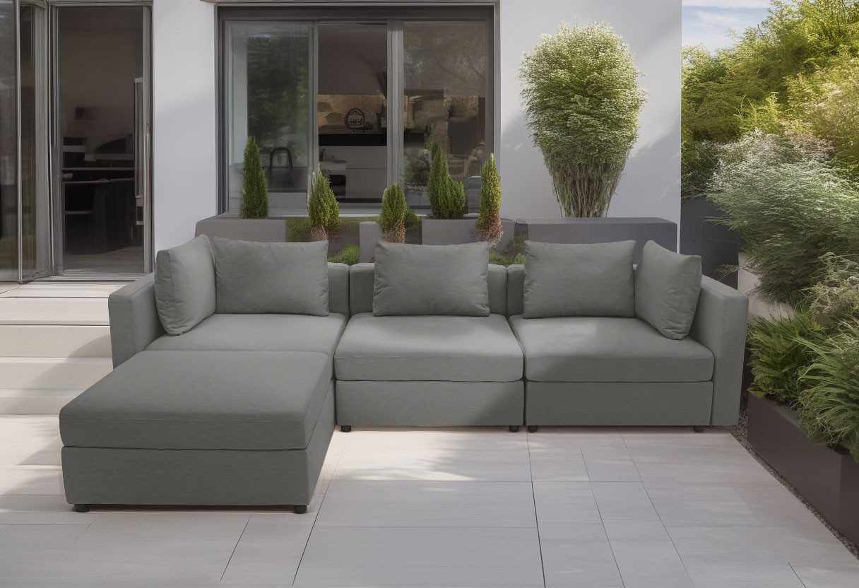 DOMO collection Hoekbank Solskin, individueel uitbreidbaar/combineerbaar L-vorm met losse kussens. rug- en zijpanelen als steeksysteem. grijs,