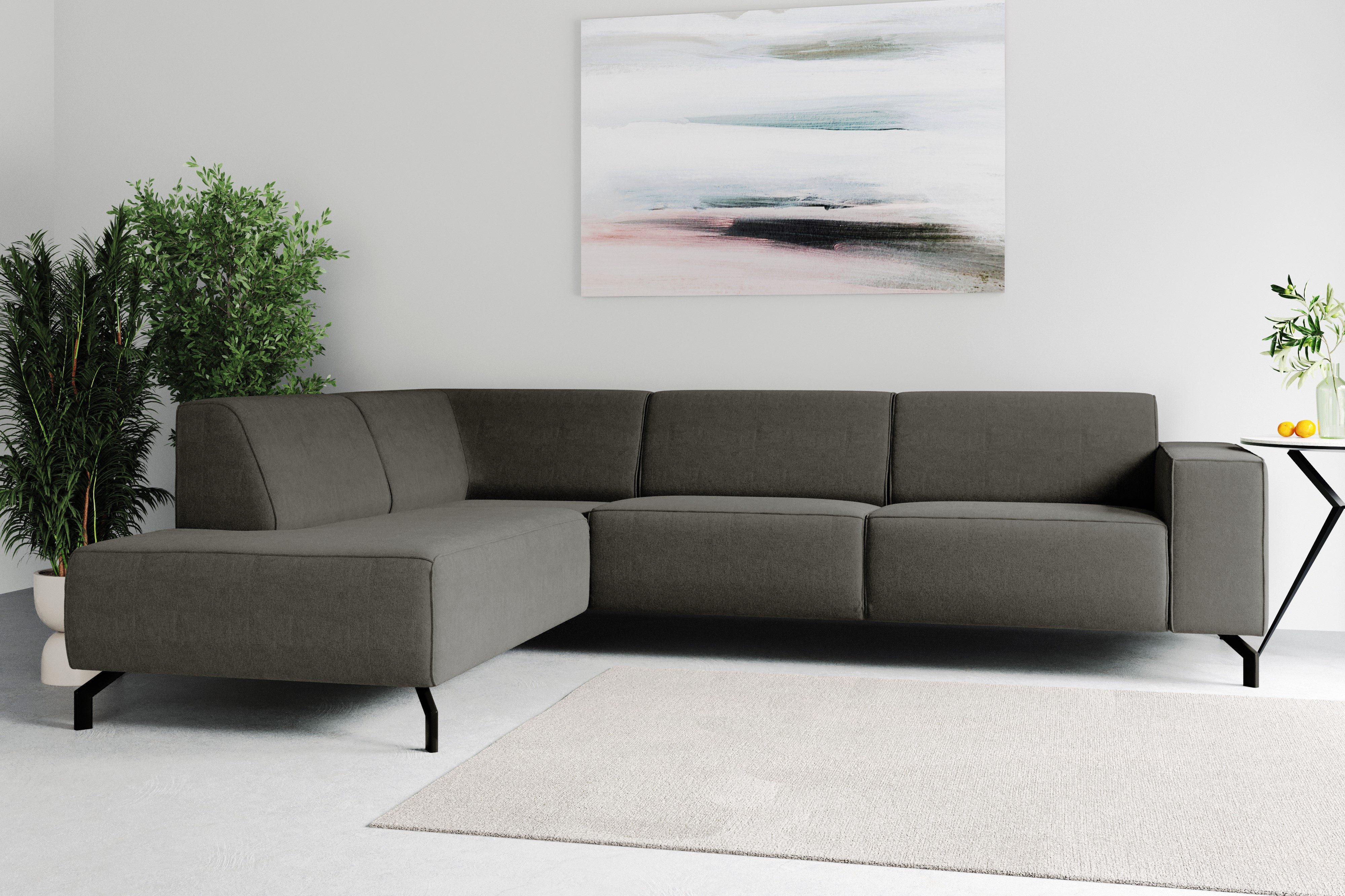 Places of Style Hoekbank Lorcan, breedte 275 cm, zacht zitgevoel met zwarte metalen poten, lederlook en zachte structuurstof