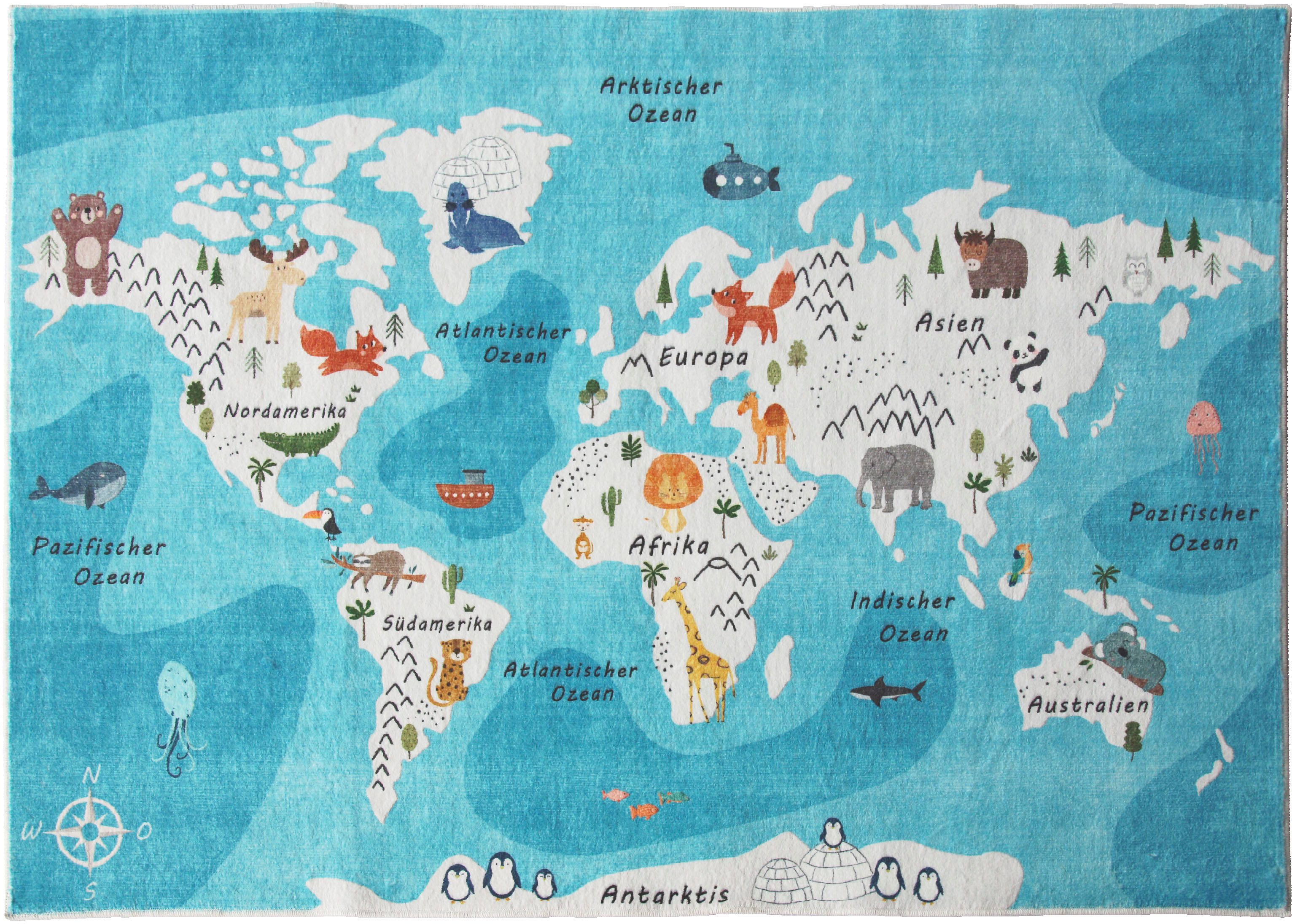 my home Kindervloerkleed Wereldkaart Dieren, zacht, modern ontwerp, kinderkamer, 2 kleurvarianten
